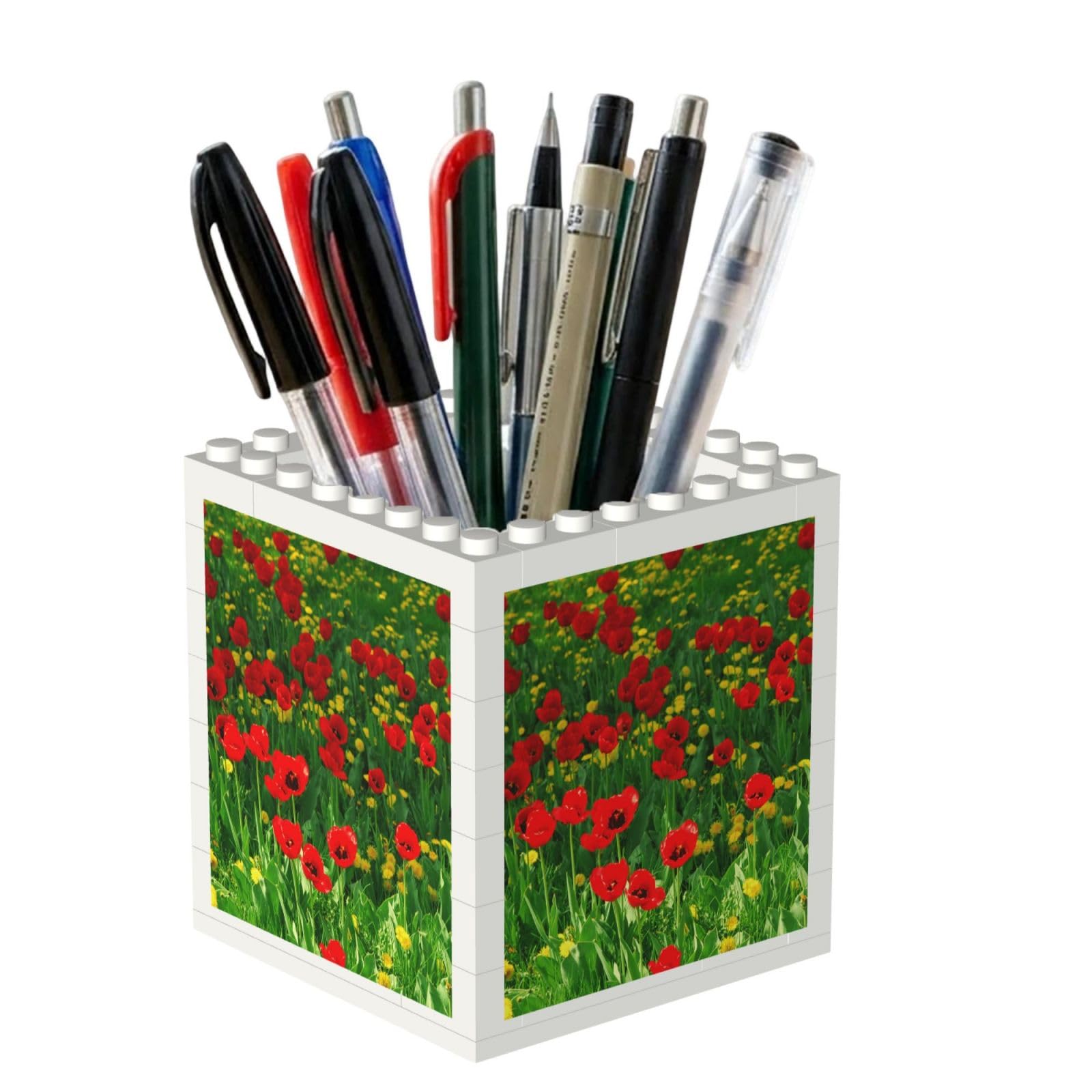 Poadnly Red Poppy Field Farm Meadow Landscape Print, Pen Pot Pencil Holder for Office Home School, Compact Desk Organiser for Office Stationery