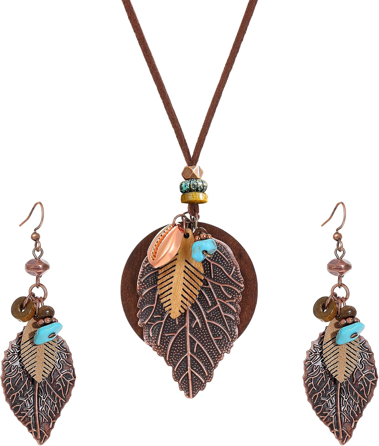 Boho Western Jewelry Set for Women Leaf Pendant Earrings