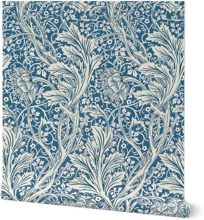 Removable Wallpaper 6ft x 2ft - Victorian Floral Arts Teal Blue Custom Pre-Pasted Wallpaper by Spoonflower