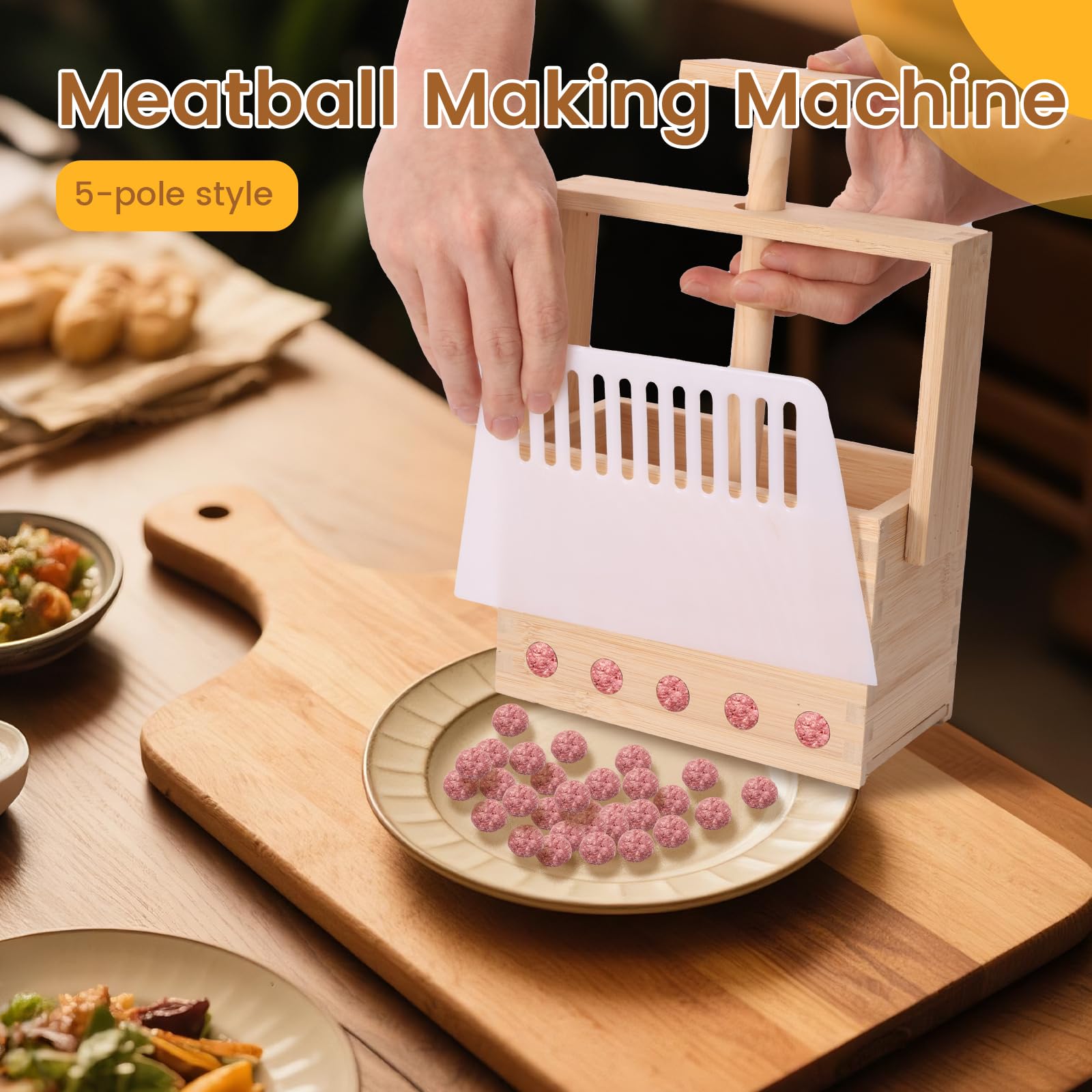 Meatball Maker, Meatball Machine, Multipurpose Meat Ball Making, Bamboo Meatball Maker, Meatball Making Tool,4/5 Hole Manual Meatball Making Tool with Cleaning Brush Kitchen Gadget (5 holes)