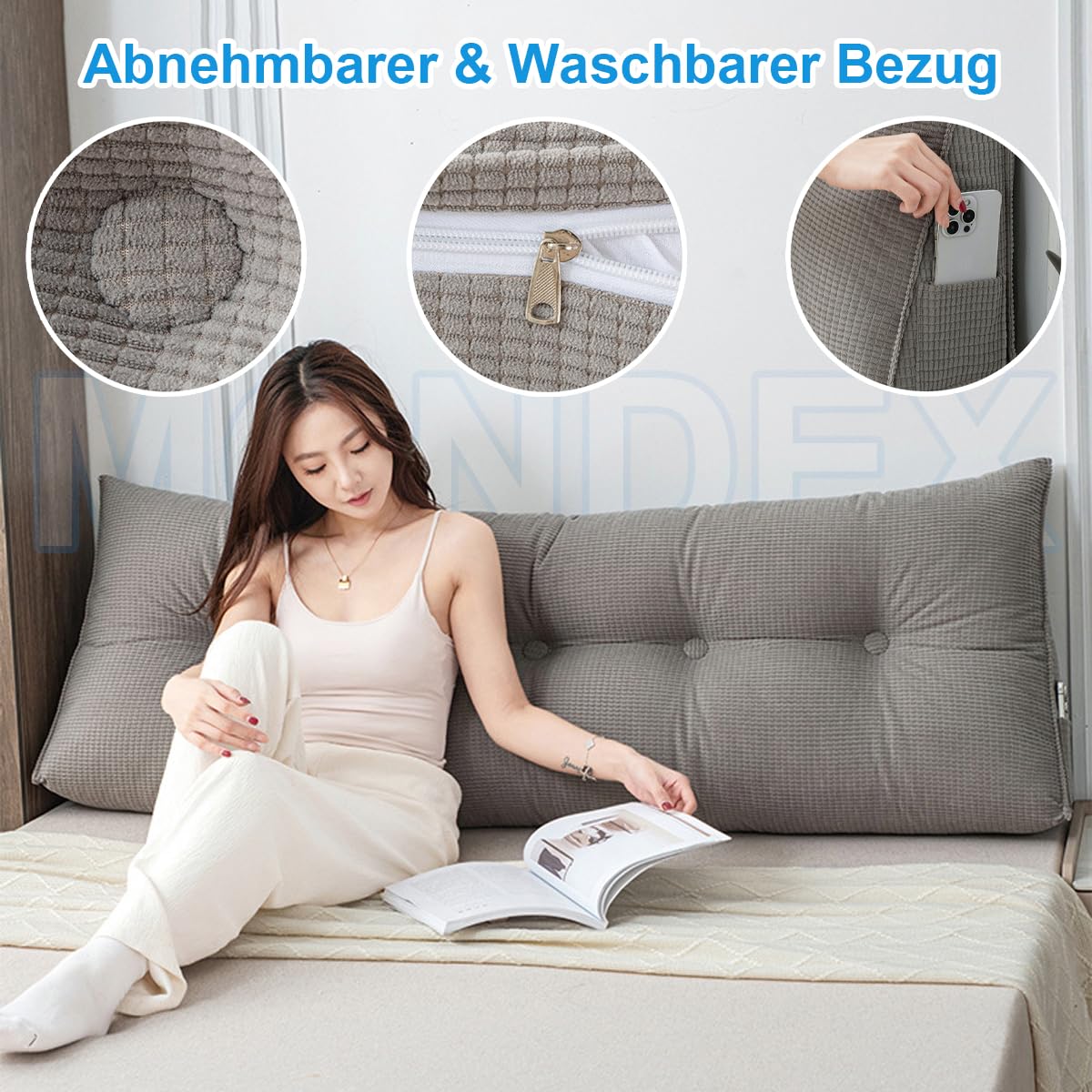 Almohada grande verde de apoyo para la espalda para cama y sofá, cojín de lectura lavable, 140 x 50 x 20 cm, ideal para comodidad y apoyo postural, perfecto para sofá y cama