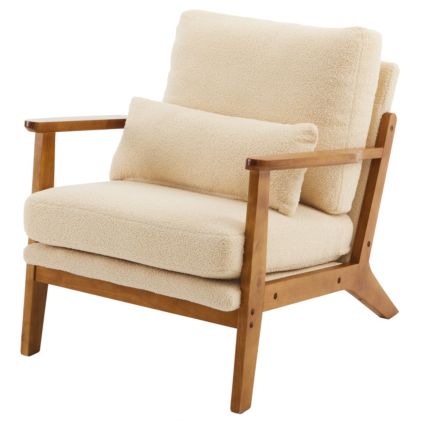 VINGLI Mid Century Modern Accent Chair,Sherpa Fleece Upholstered Armchair with Lumbar Pillow & Wide Armrests, Comfy Occasional Chair with Solid Wood Frame for Living Room, Bedroom(Khaki) — image 1