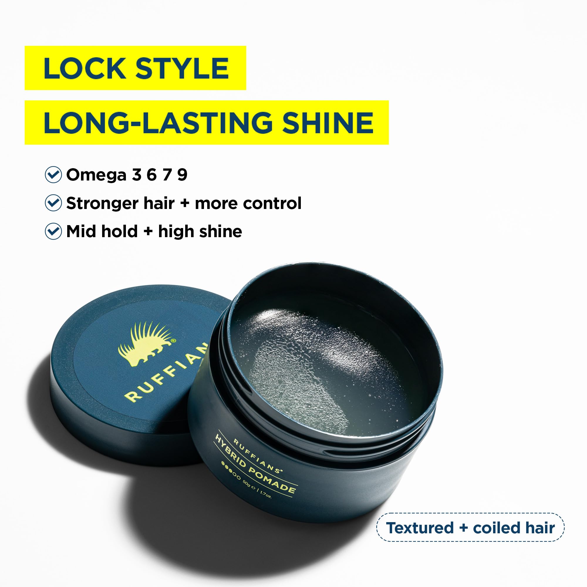 Ruffians Hybrid Pomade (1.7 Oz Fl / 50 ML) Omega-Enhanced Haircare Solution for Textured Hair Mid Hold, High Shine - Image 3