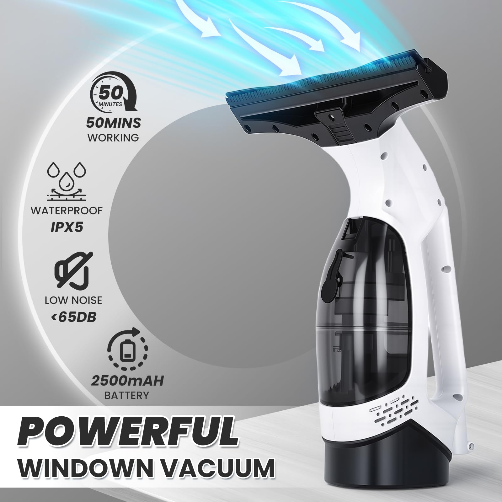 Nettoyeur Vitre, Lave Vitre Motorisé de 2000 Pa, 20W, Batterie de 2200 mAh, Réservoir D'eau de 150ml et Racleur de 280 mm, Convient aux Portes Vitrées, Fenêtres, Comptoirs et Vitres Automobiles