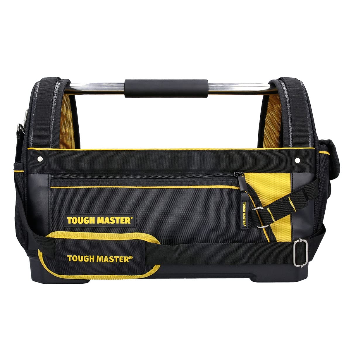 TOUGH MASTEROpen Tote Tool Bag 18” Heavy Duty Tool Storage Pocket  Organiser with Shoulder Strap, Work Holdall Multi Pocket Black Yellow Bag,