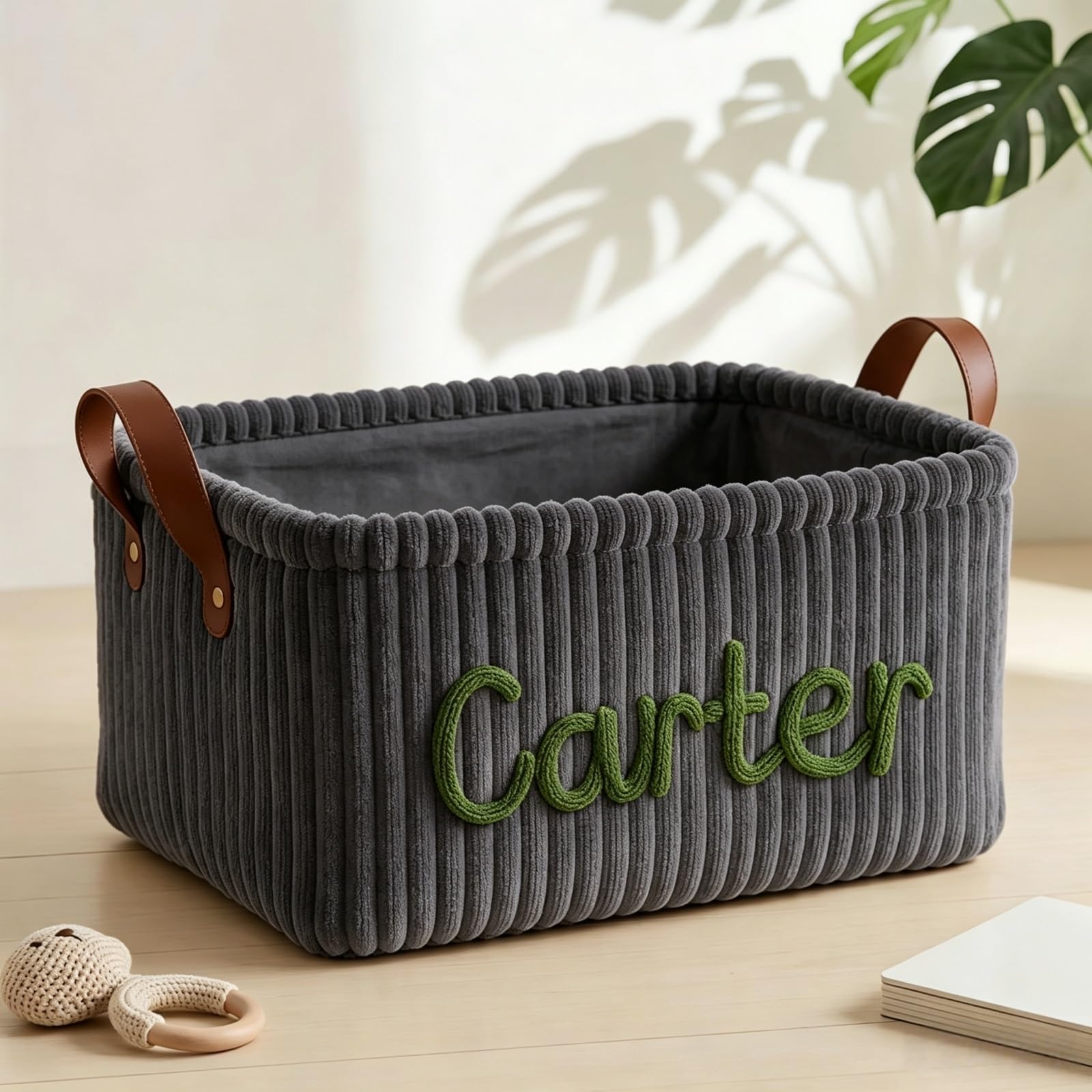 Personalized Corduroy Baby Storage Basket, Custom Yarn Name Laundry Hamper