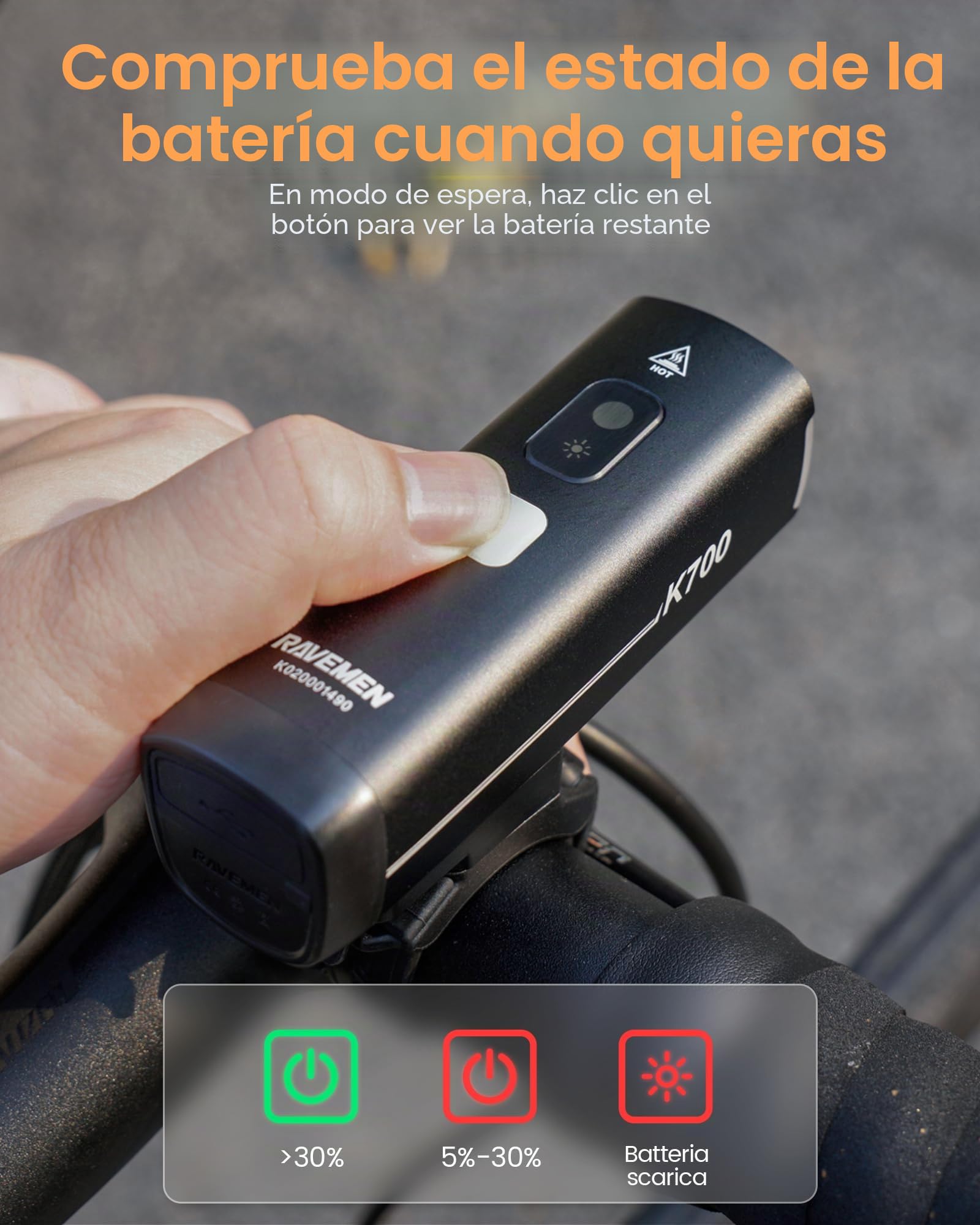 RAVEMEN K700 Faro de Bicicleta, 700 Lúmenes Modo de Luz Diurna Inteligente USB-C IPX7 Resistente al Agua 4 Modos Adecuado para Desplazamientos,Montar en Carretera