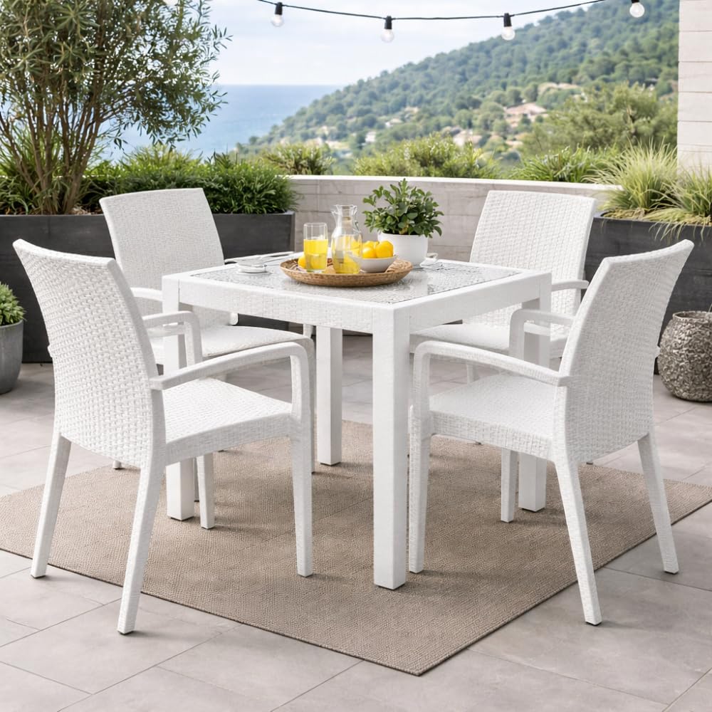 PALUPLUS Set 4 Sedie da Giardino con Braccioli in Polipropilene effetto Rattan colore BIANCO, misura 59x57x86 cm, Sedia Impilabile per Esterno ed Interno -VEROARM930F-18,8