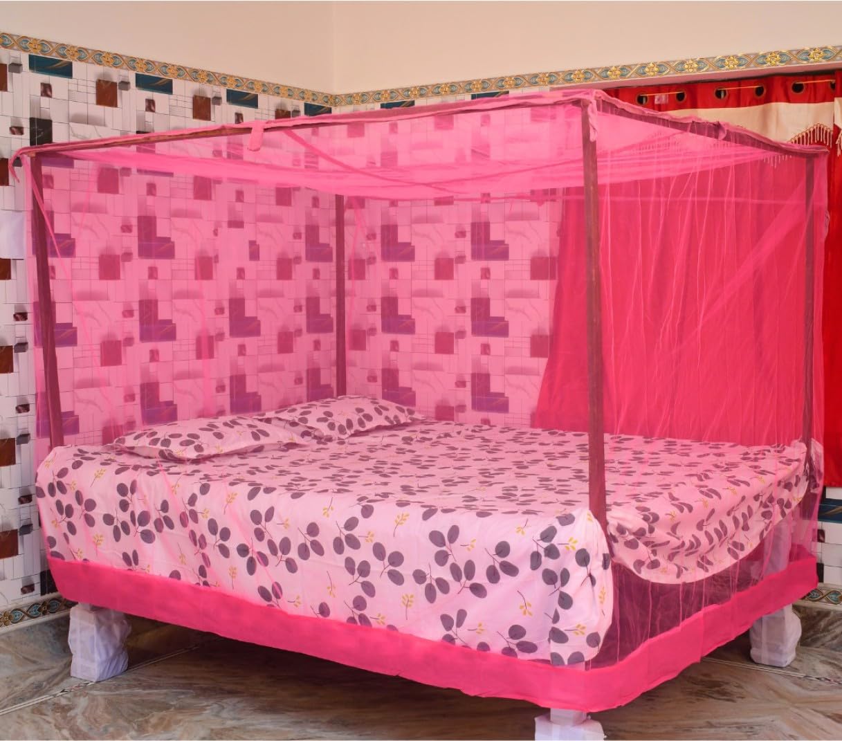 neekshaa double bed nylon mosquito net – 6 x 6 ft | strong mesh netting | bug & insect protection color- pink