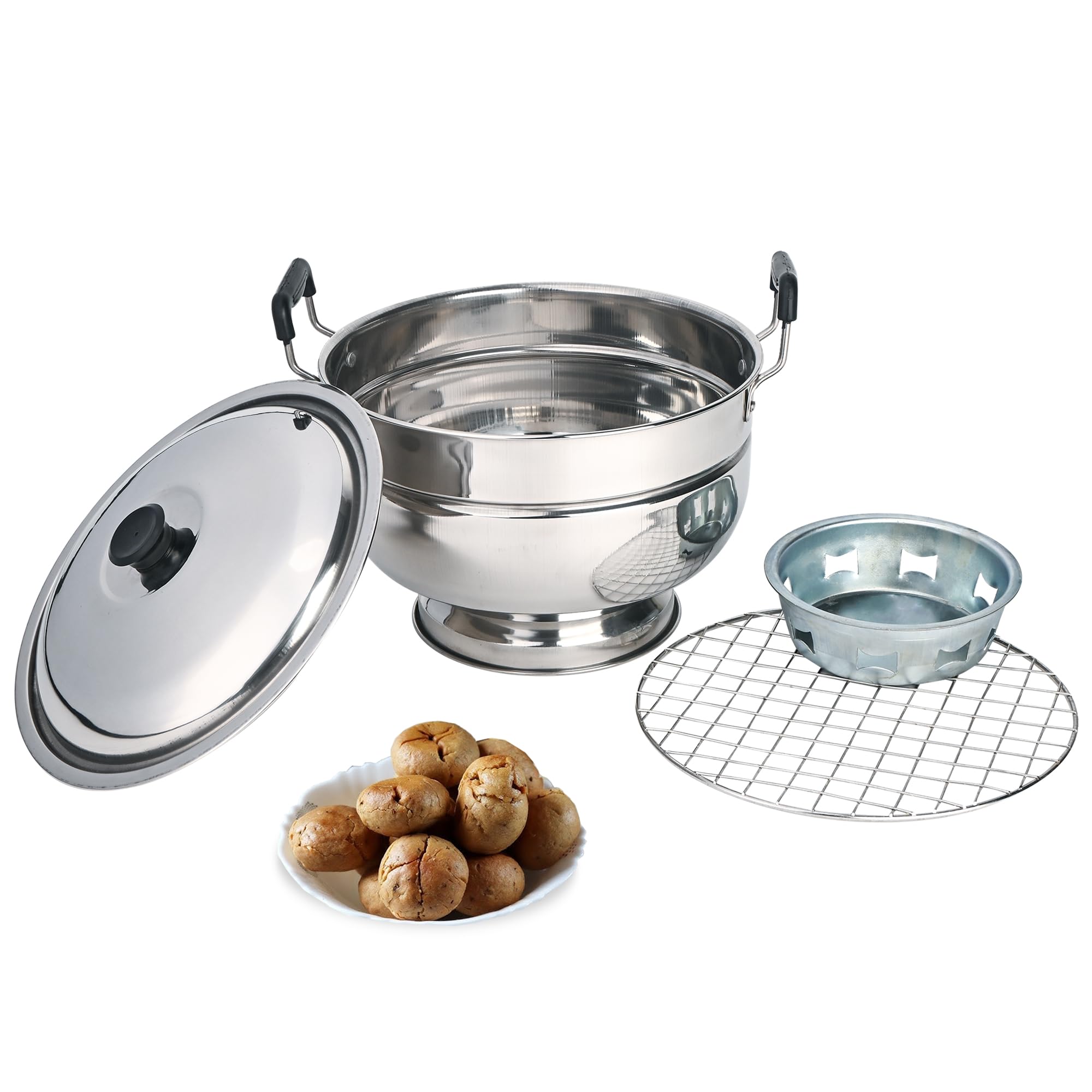 Kuber Industries Stainless Steel Bati Cooker & Gas Tandoor for Home Kitchen | Pizza Maker/Chicken & Paneer Tikka Barbeque Griller | Non-Induction Oven & Litti Maker on Gas | Silver