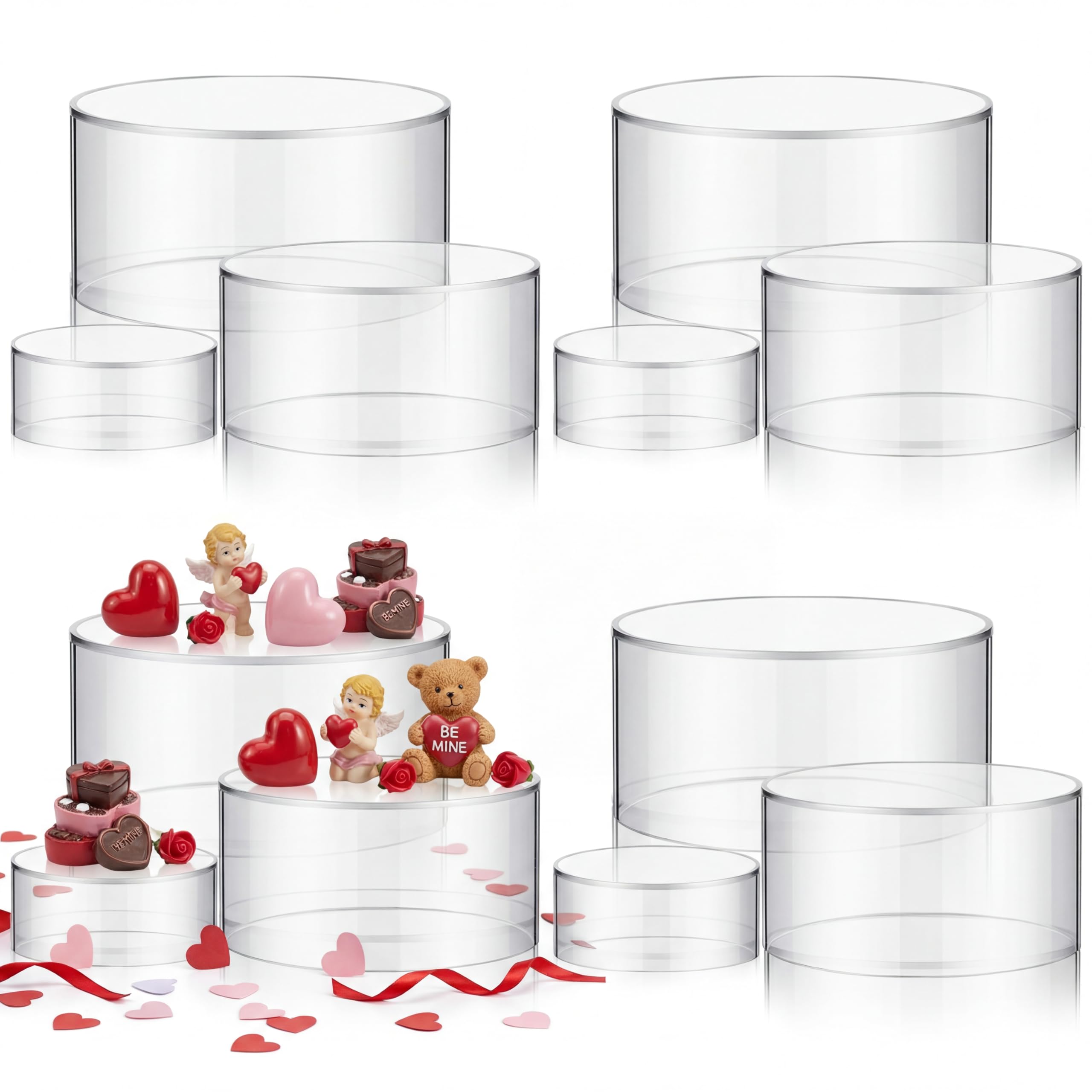 Jerify 12 Pcs Acrylic Risers Display Stands, 5.91'' 5.12'' 3.54'', Clear Round Nesting Pedestal Shelf with Hollow Bottom for Tabletop Jewelry Display, Food Risers for Party, Table, Stands, 3 Sized