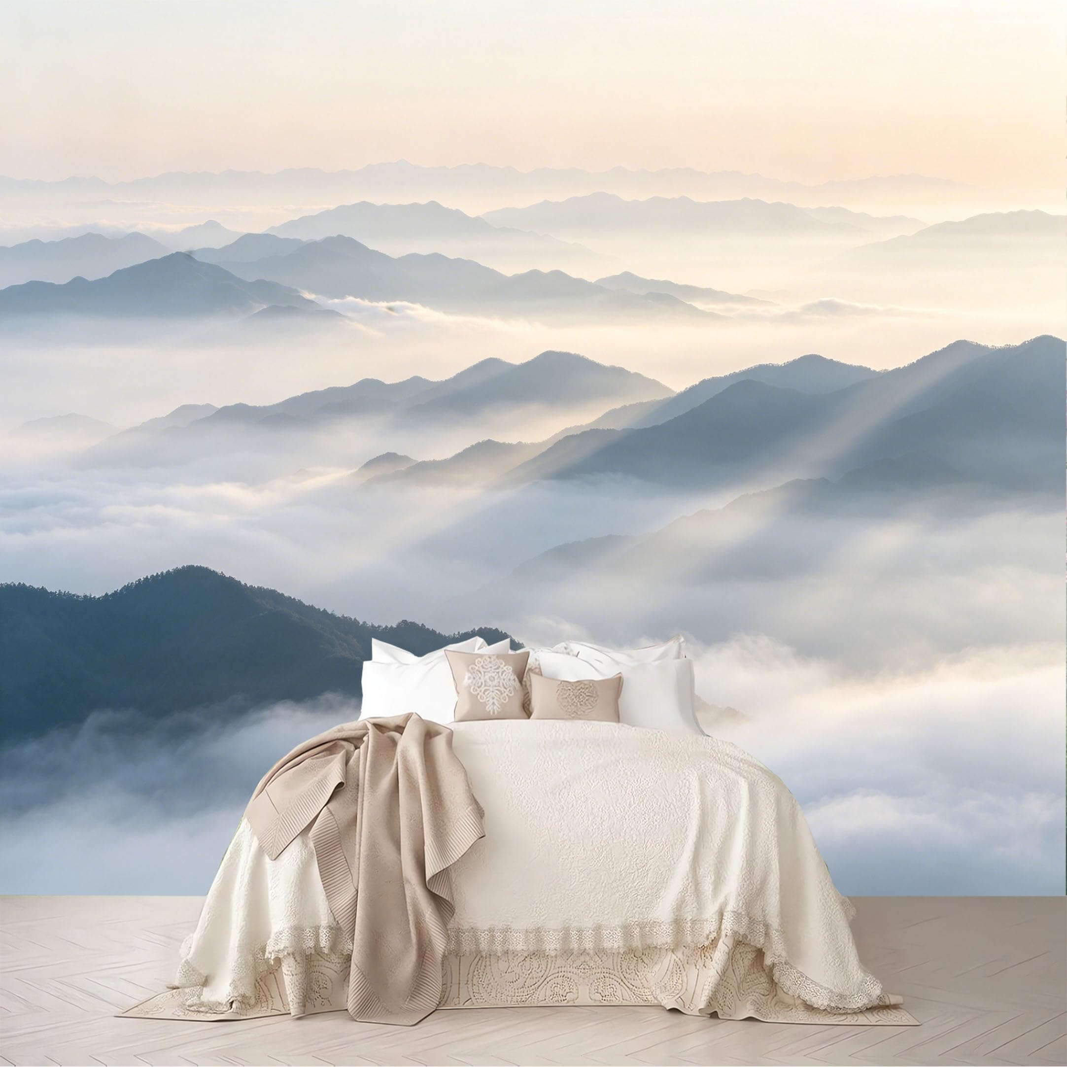 Dskjoviality Ab260706016 Custom Size Wall Mural Misty Sunrise Layered Mountain Sea Of Clouds Nature Scenery Removable Self Adhesive Peel And Stick Wallpaper For Bedroom Living Room