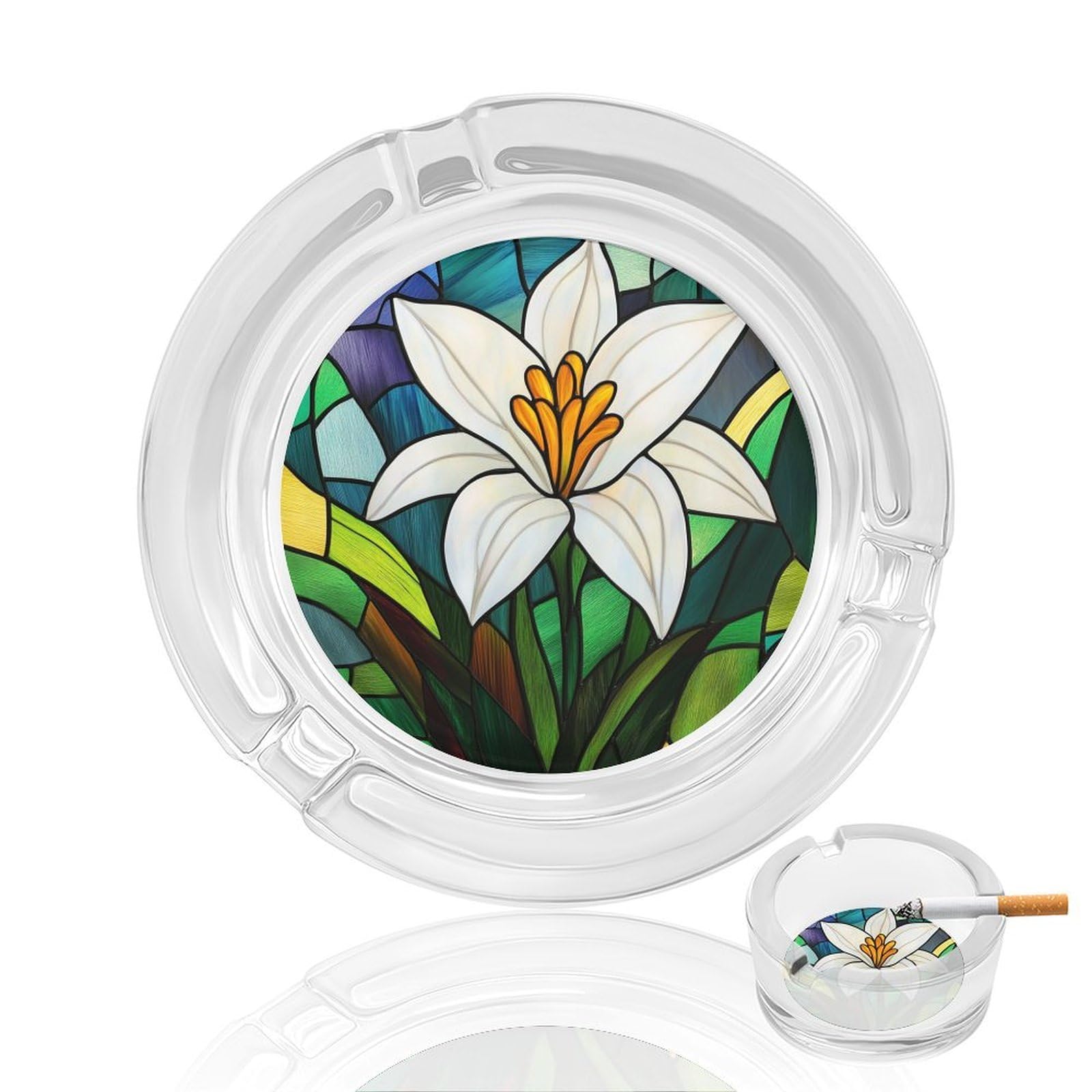 Jubonexis White Stained Glass Easter Lily Glass Ashtray For Cigarettes Portable Decorative Ash Trays For Home Office Decor