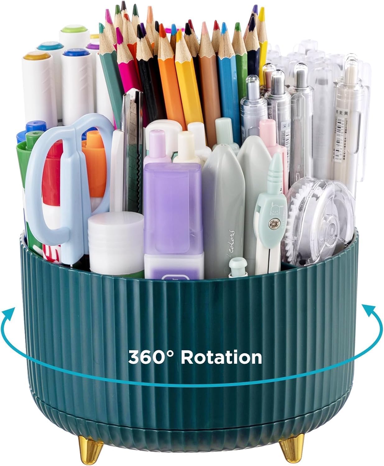 360° Rotating Pen & Pencil Holder – Multi-Compartment Desk Organizer for Office & Home Storage, Scissors, Markers, and Stationery – Green