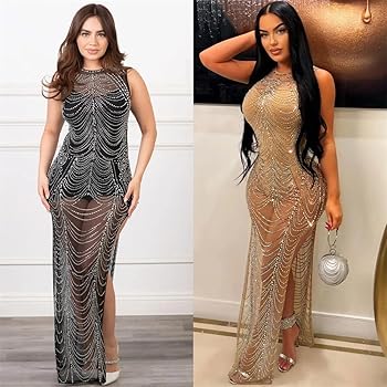 Amazon.com: Womens Mesh Rhinestone Long Slit Dress See