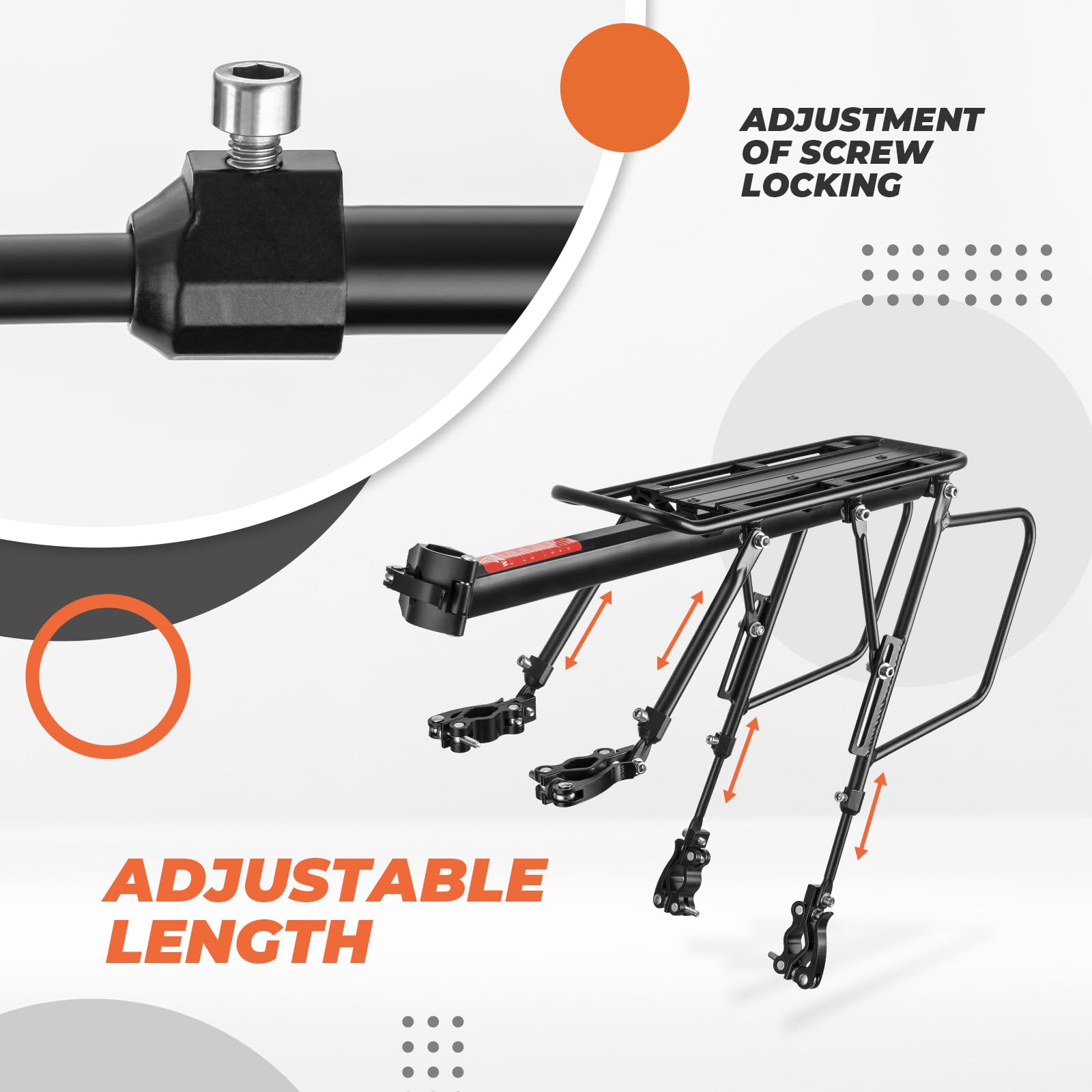 ROCKBROS Porte Bagage Vélo Arrière Support Tige de Selle Fourche Arrière Imperméable pour 26-29 Pouces avec Réflecteur Alliage Aluminium Robuste Max. 75kg Longueur 4 Jambes Réglable Démontage Rapide