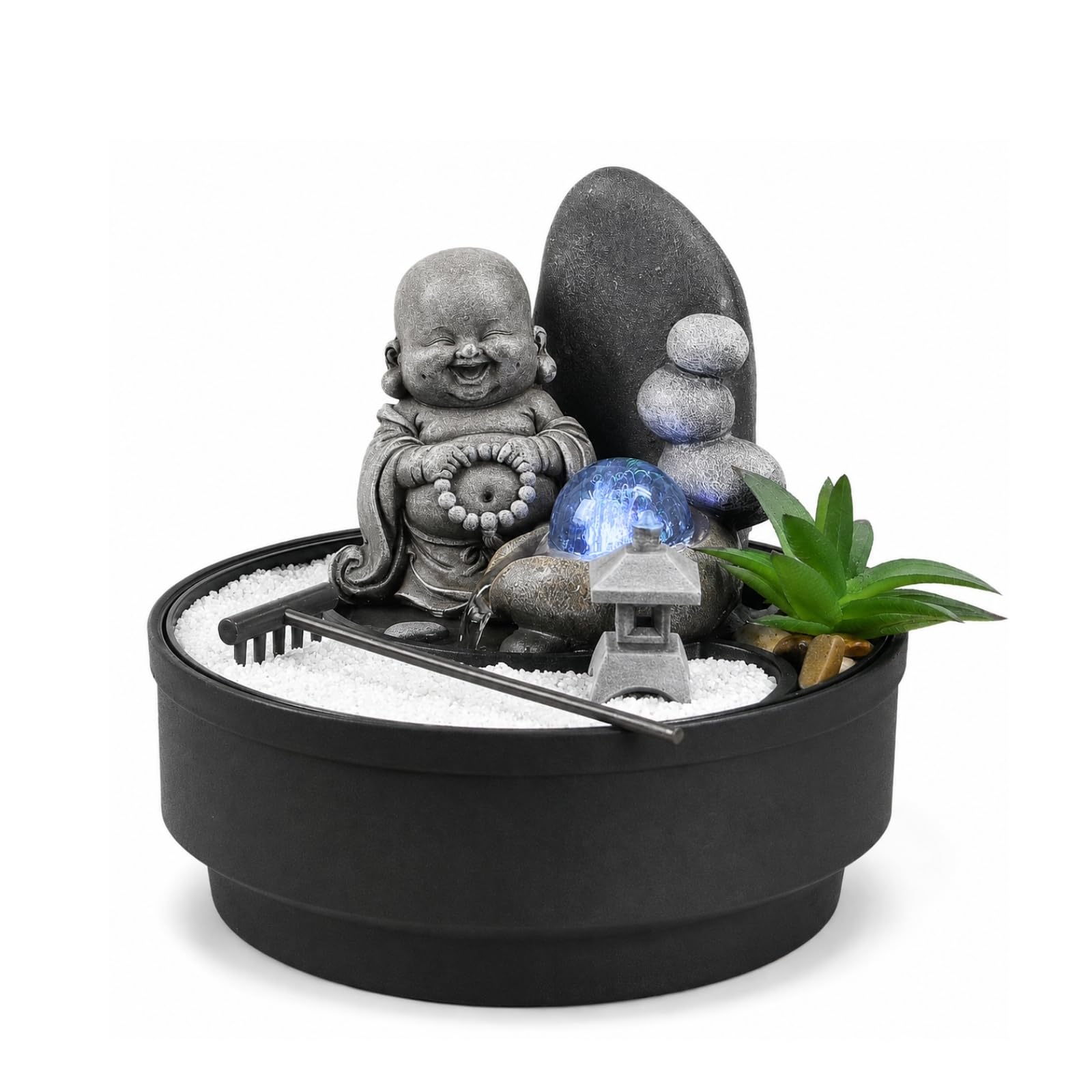 Fontaine d'Intérieur Jardin Zen, Statue Bouddha Amovible, Lumière LED Coloré, Décoration Ambiance Relaxant, Jardin Zen Sable Blanc, Fontaine de Table Circuit fermé, H21 cm - Sikhi Zen’Light