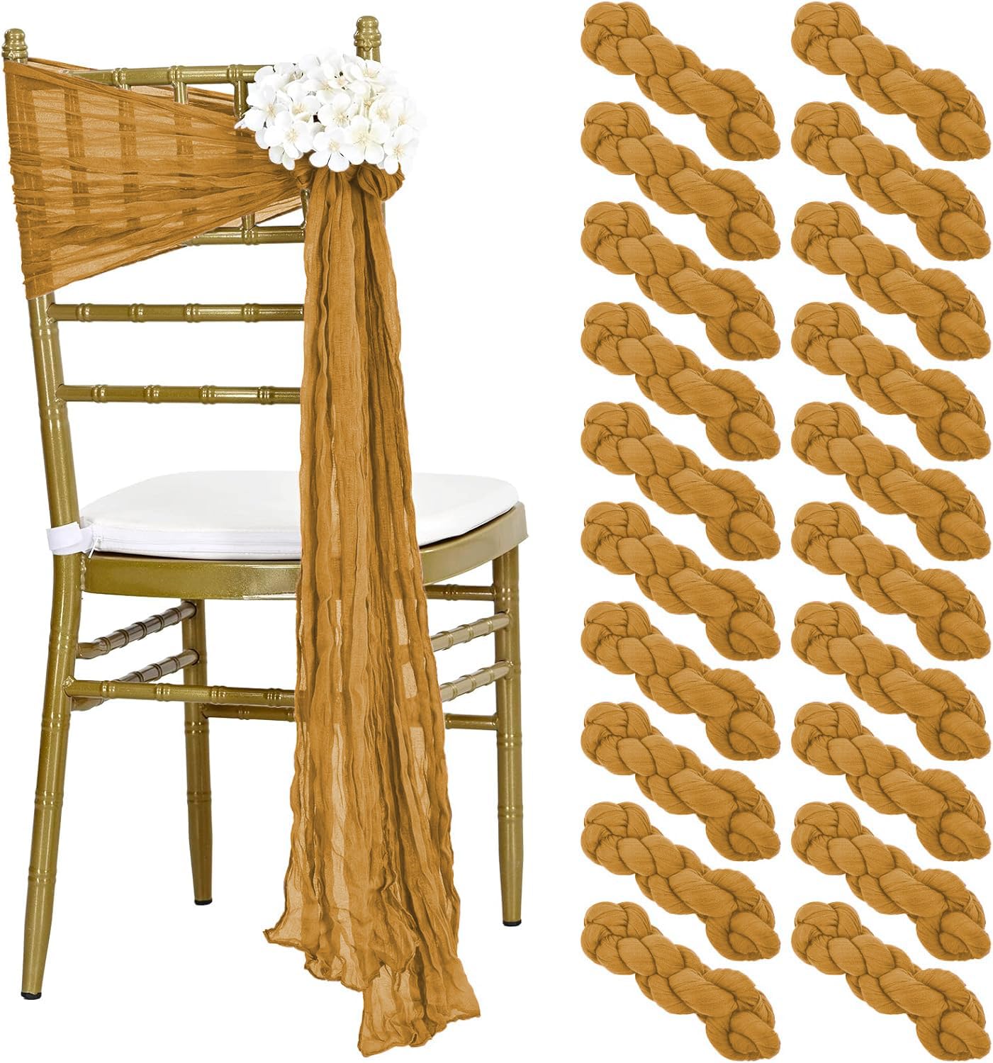 mds Christmas Cheesecloth Chair Sashes 17x70 Inch - Pack of 25 - Rustic Gauze Chair Bows for New Year Holiday Party, Harvest Dinner, Thanksgiving, Wedding, Banquet Farmhouse Home Décor - Mocha