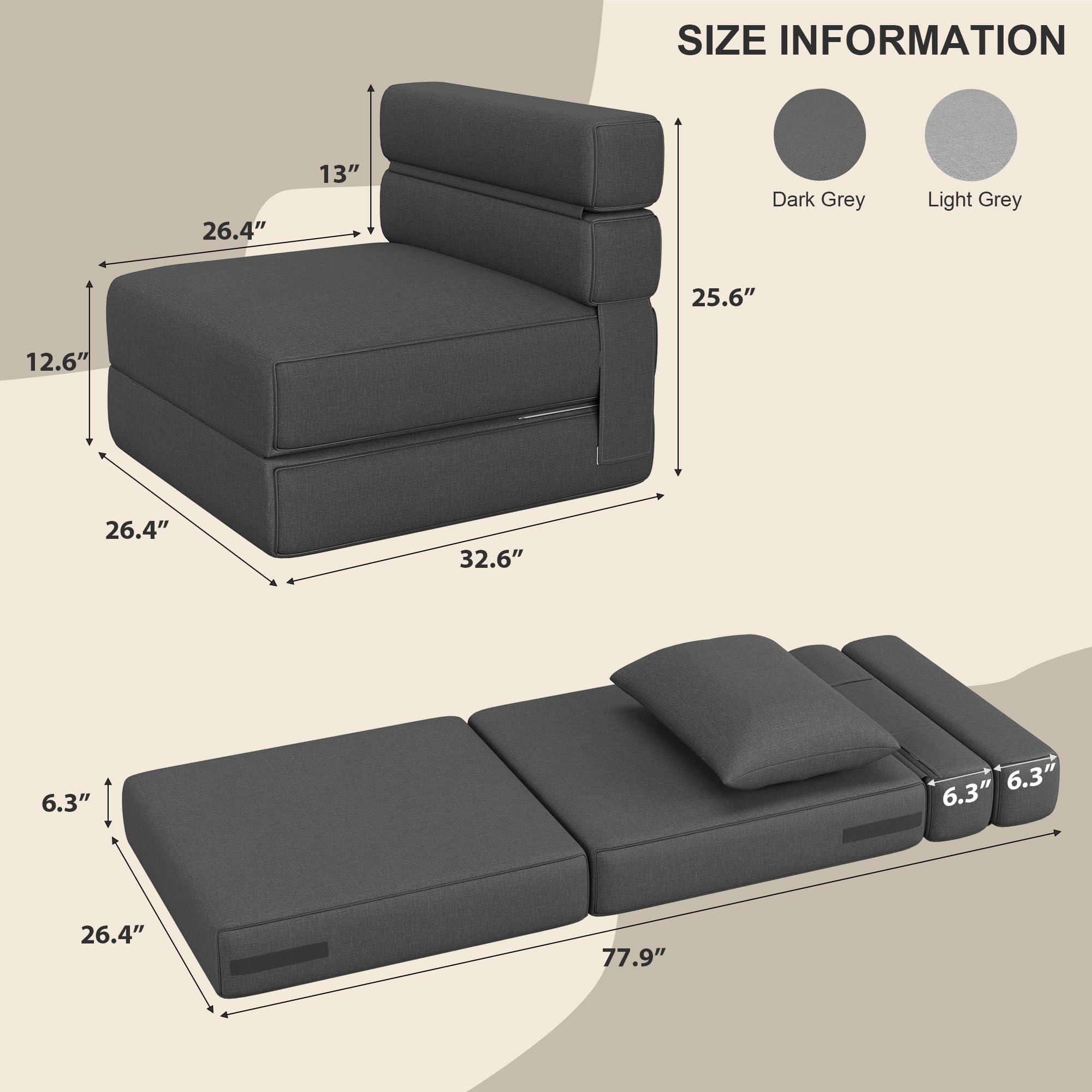 Zstar Canapé-lit Pliable Moderne – Fauteuil Convertible en Tissu Lin, Coussin Inclus, mémoire de Forme Confortable, Chaise Longue ou lit d’appoint pour Salon/Chambre – Gris foncé