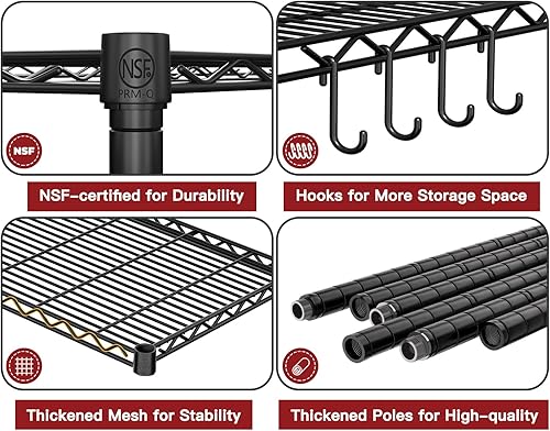 Miniatura 5 de PrimeZone Estantería de alambre con ruedas, estantes de almacenamiento de metal resistente con certificación NSF ajustables de 5 niveles, estante