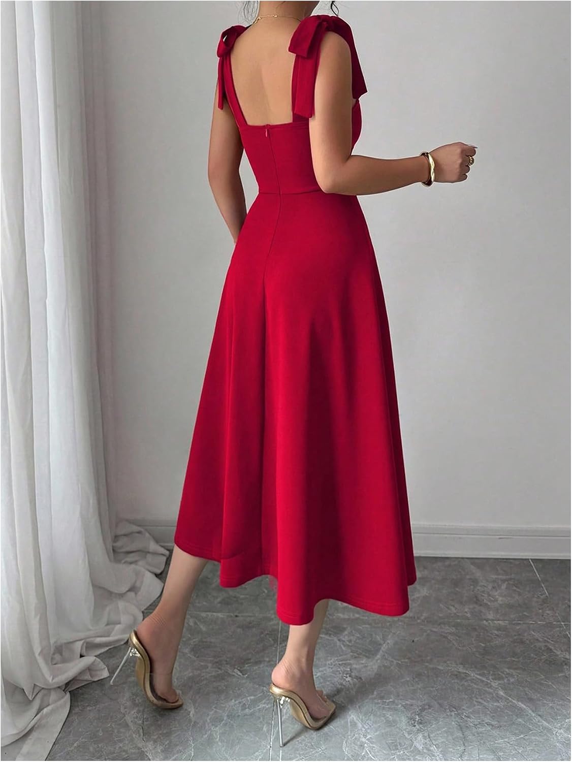 Floerns Women's Elegant Wedding Guest Dresses Bow Flare Ruffle Cocktail Party Summer Midi Dress