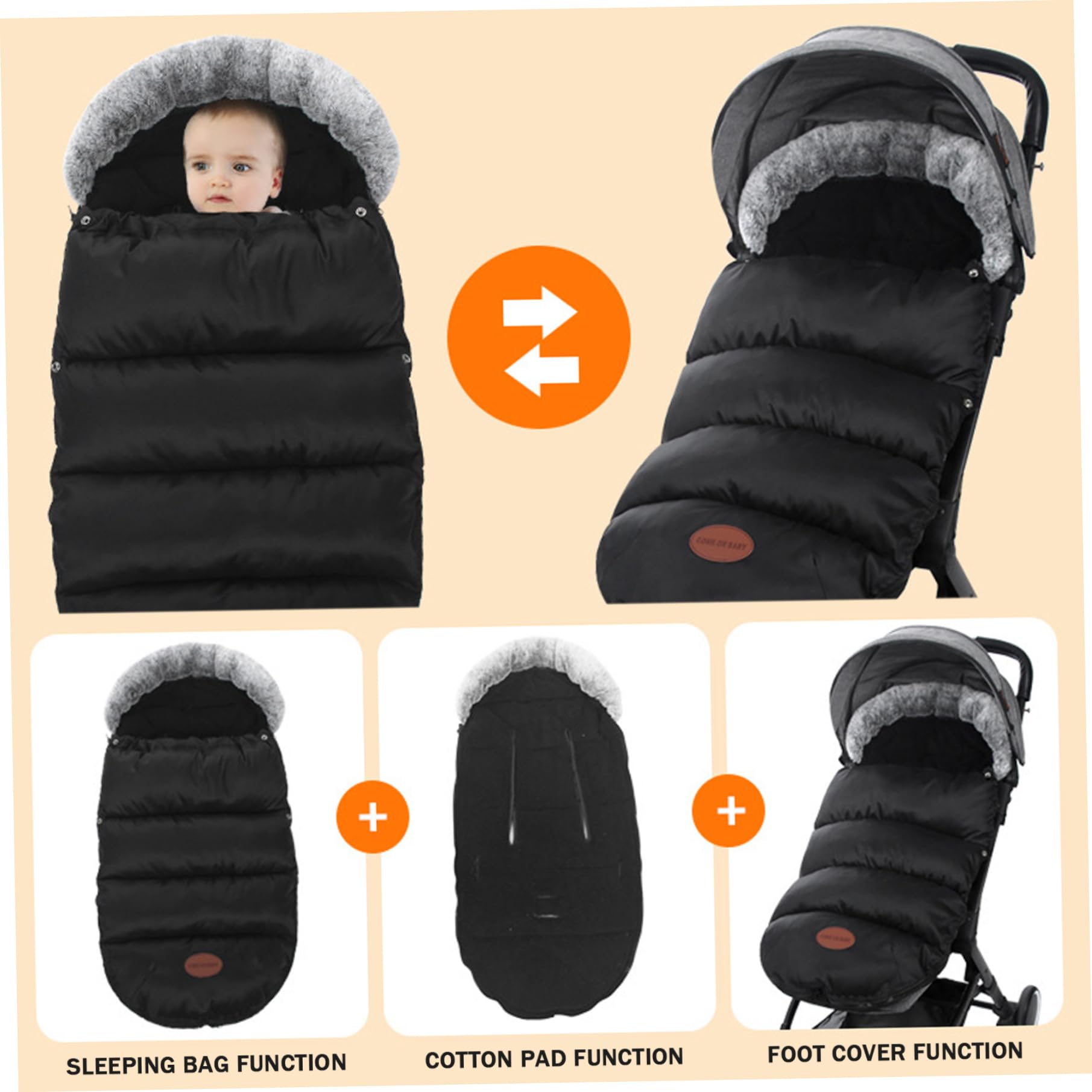 Chancelière pour poussette épaisse doublée en polaire chaude pour l'hiver avec col en fourrure et fermeture éclair, sac à banderole étanche, 35 x 14 pouces