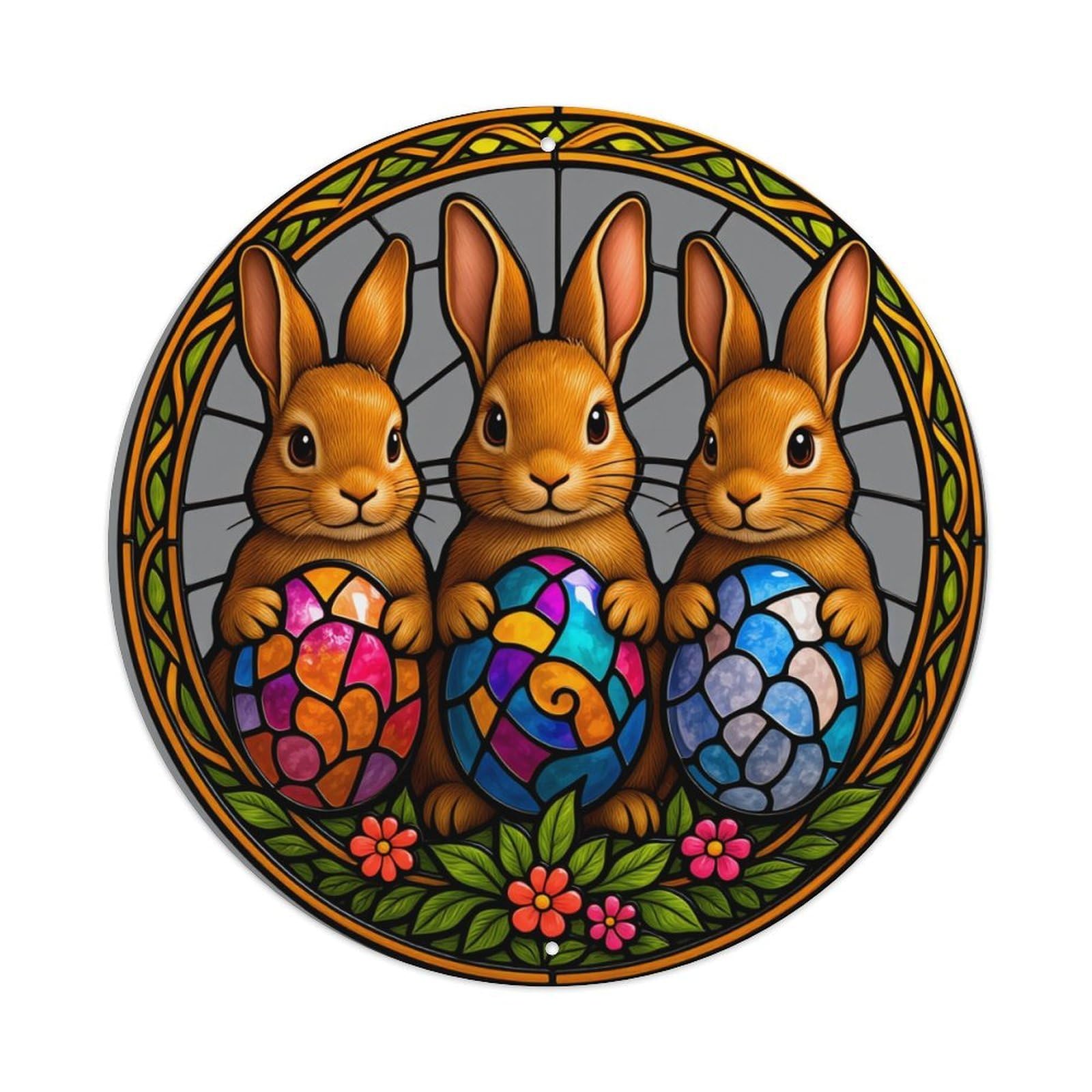Stained Glass Rabbit Eggs Spring Flowers Round Tin Sign Retro Metal Sign for Cafe Bar Pub Home Game Room Gym Club Wall Decoration Vintage Metal Poster 8x8 Inch
