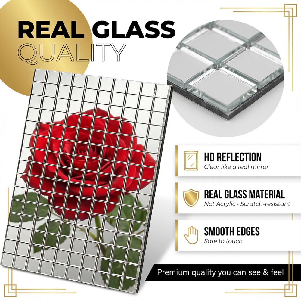 Carreaux de Mosaïque Miroir en Verre 3000 Pièces Miroirs Autocollants Mosaique Verre Pour Décoration DIY, Salle de bain, Salon, Cuisine, Bricolage (10 x 10 mm, Argent)