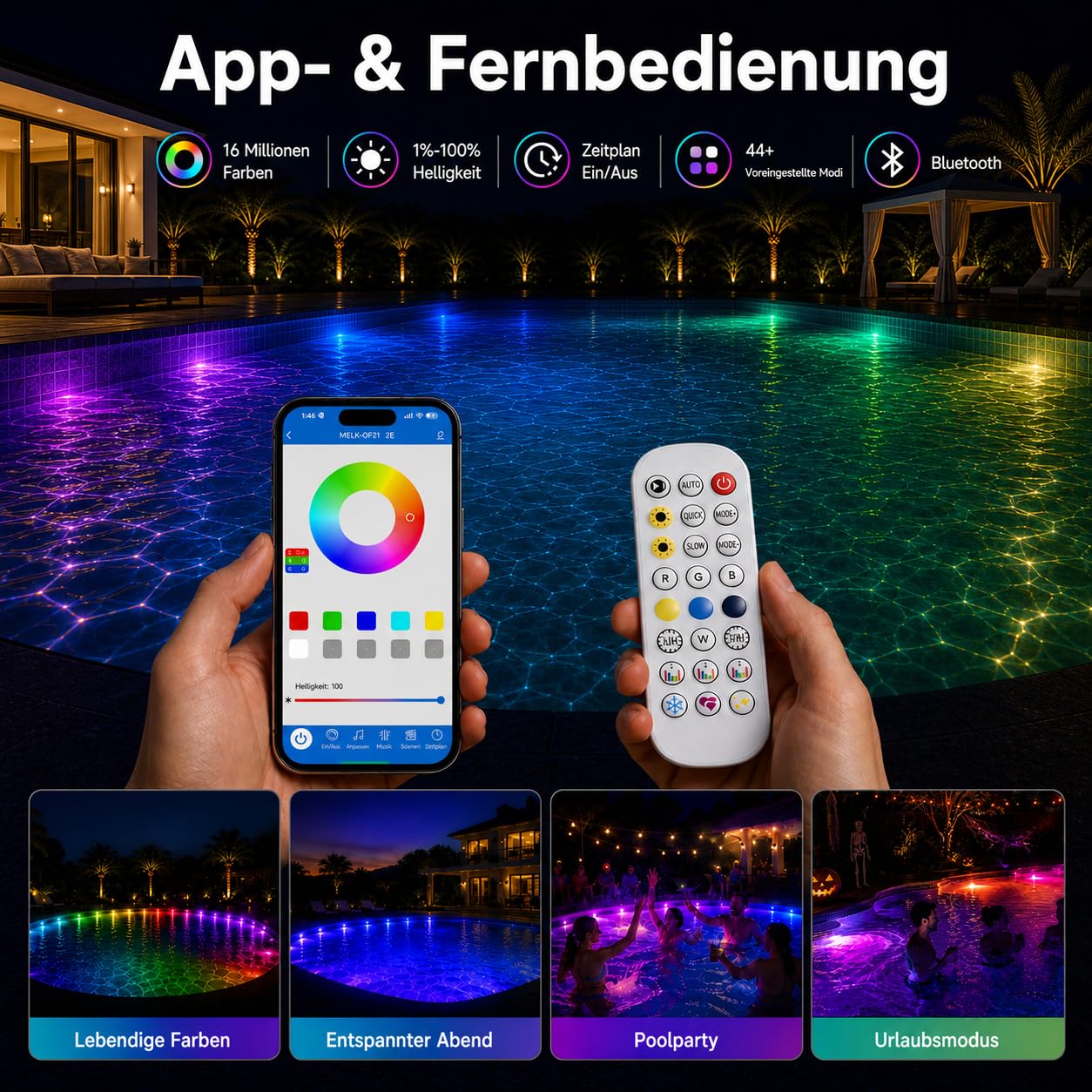 8-in-1 Poolbeleuchtungssystem 15m, 24V IP68 wasserdicht Poollicht ohne Umbau, RGB+IC Dynamische Pool LED, Vollflächige Pool Beleuchtung mit App & Fernbedienung für Einbau- und Aufstellpools