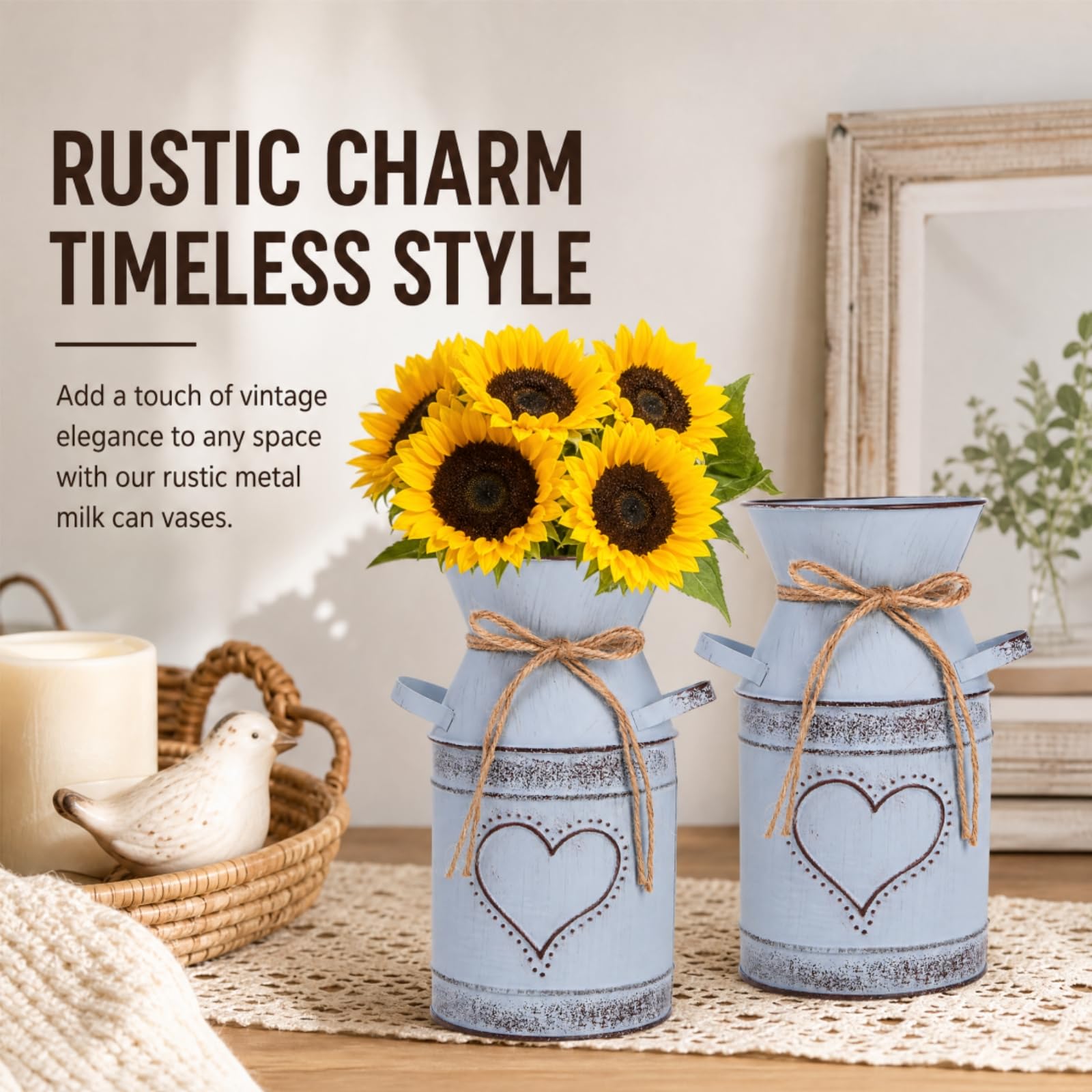 Dicunoy Metalowa dekoracja do puszek na mleko, 19 cm, ocynkowany wazon w stylu francuskim, metalowy dzbanek, styl shabby chic, rustykalne wazony na kwiaty, wiadro wiejskie w stylu vintage, do