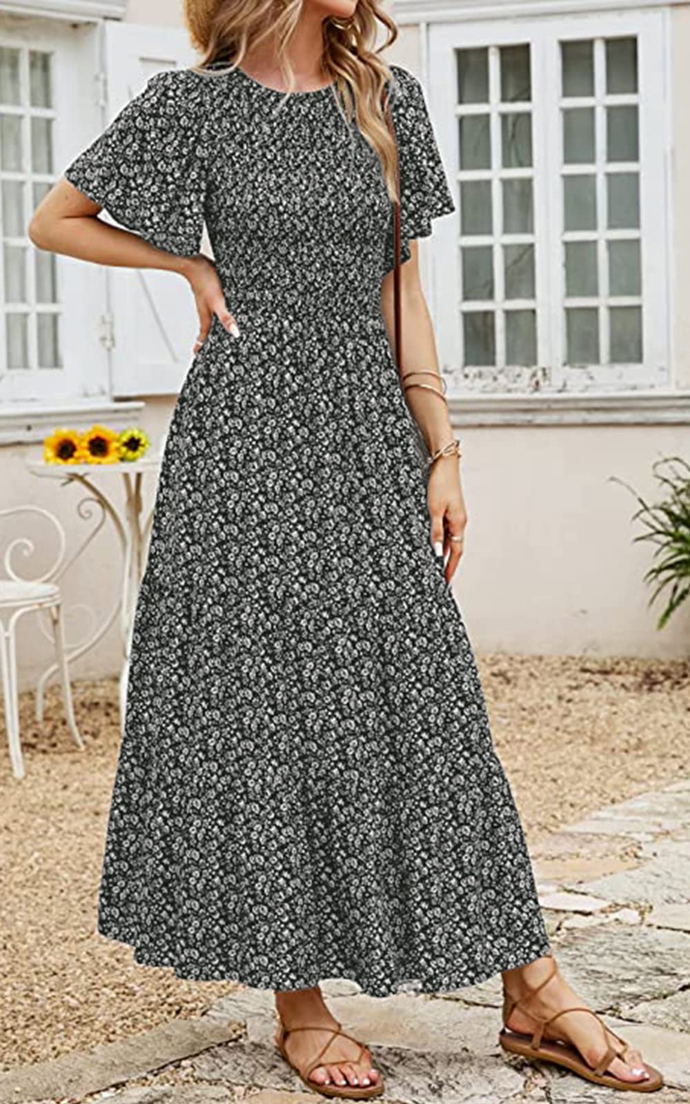PRETTYGARDEN Smocked Top Summer Dresses for Women 2026 Short Sleeve Floral Maxi Dress for Women Maxi Abito Primaverile con Maniche a Volant per Le Donne in Spiaggia e Vacanze Donna (Pacco da 1)