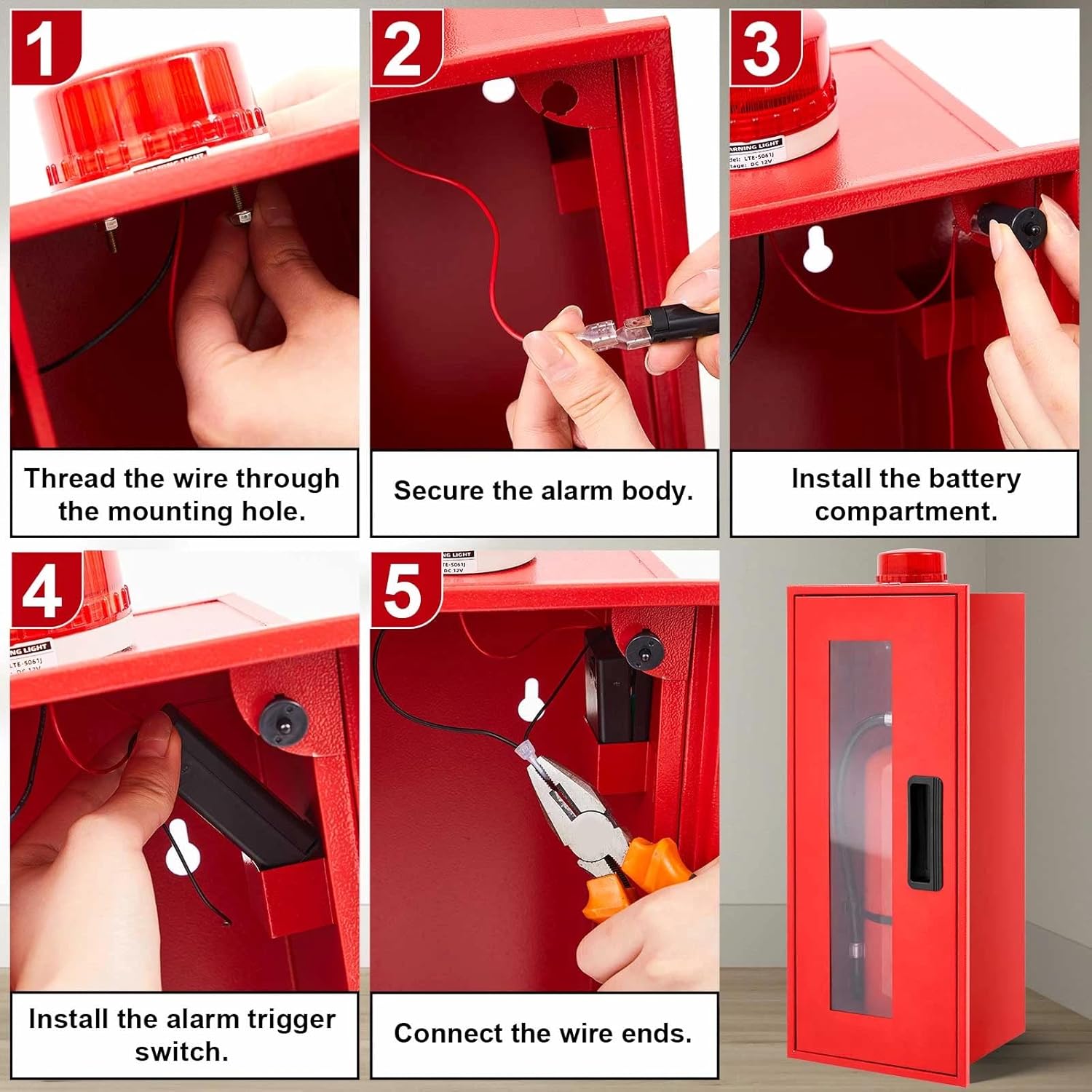 Zonon 1 Pcs 5lb Fire Extinguisher Cabinet Wall & Surface Mount with Alarm, 18.9" H x 7.9" W x 6.7" D Steel Wall Fire Extinguisher Box Case for Dry Chemical Extinguishers Indoor Outdoor(Red)