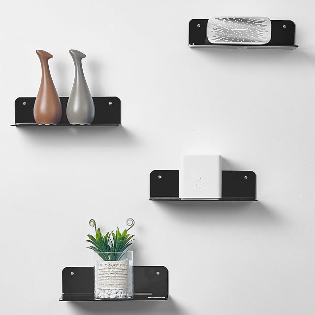 OAPRIRE Acrylic Small Floating Wall Shelves Set of 4, Flexible Use of Wall Space, Adhesive Small Wall Shelf for Security Cameras Smart Speaker POP Action Figures with Cable Clips - Black, 9 Inch