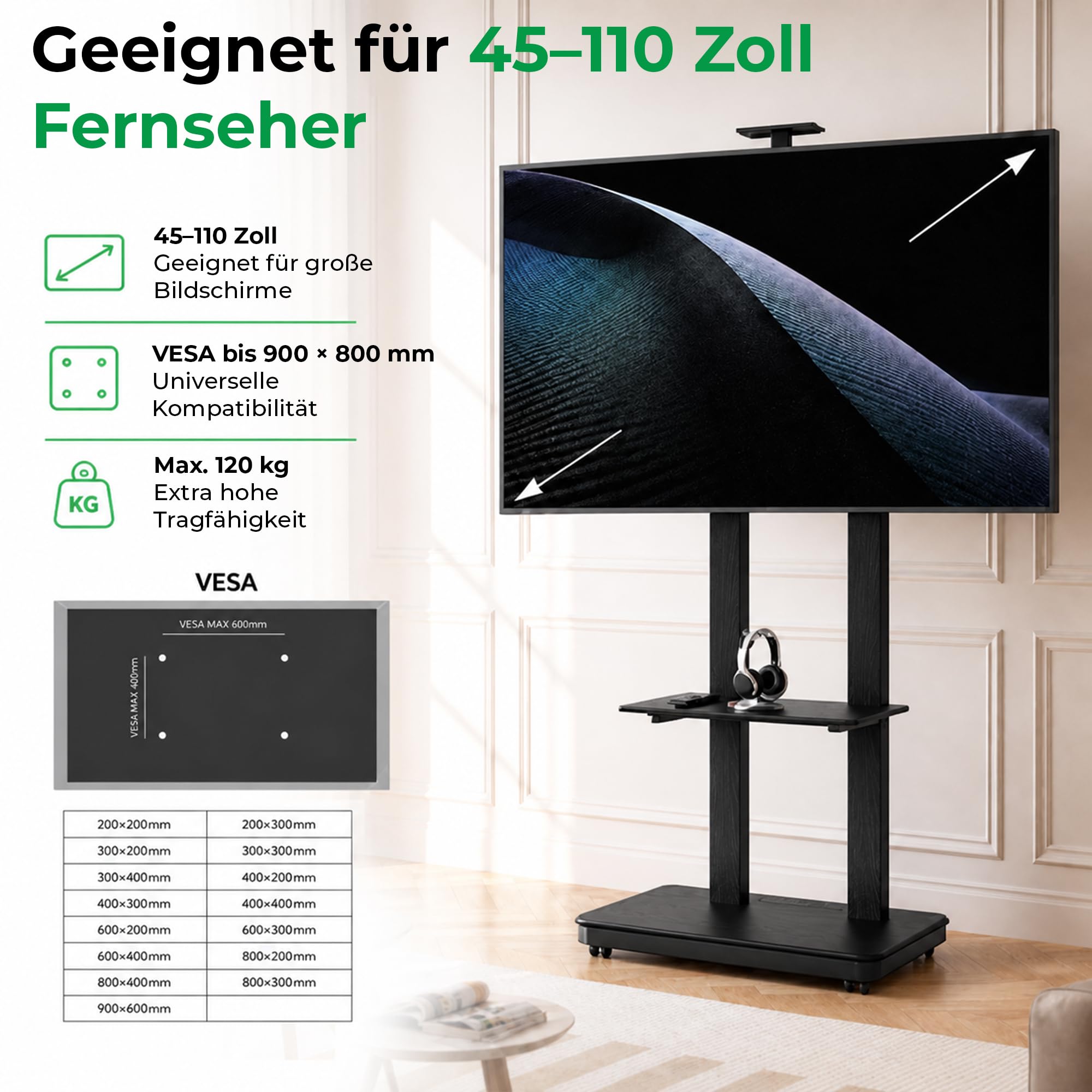 Duolite mobiler elektrischer TV Ständer für 45-110 Zoll max. 120 kg, motorisierter TV Lift mit stufenloser Höheneinstellung via Fernbedienung, max. VESA 900x800, mit Ablagen und Steckerleiste