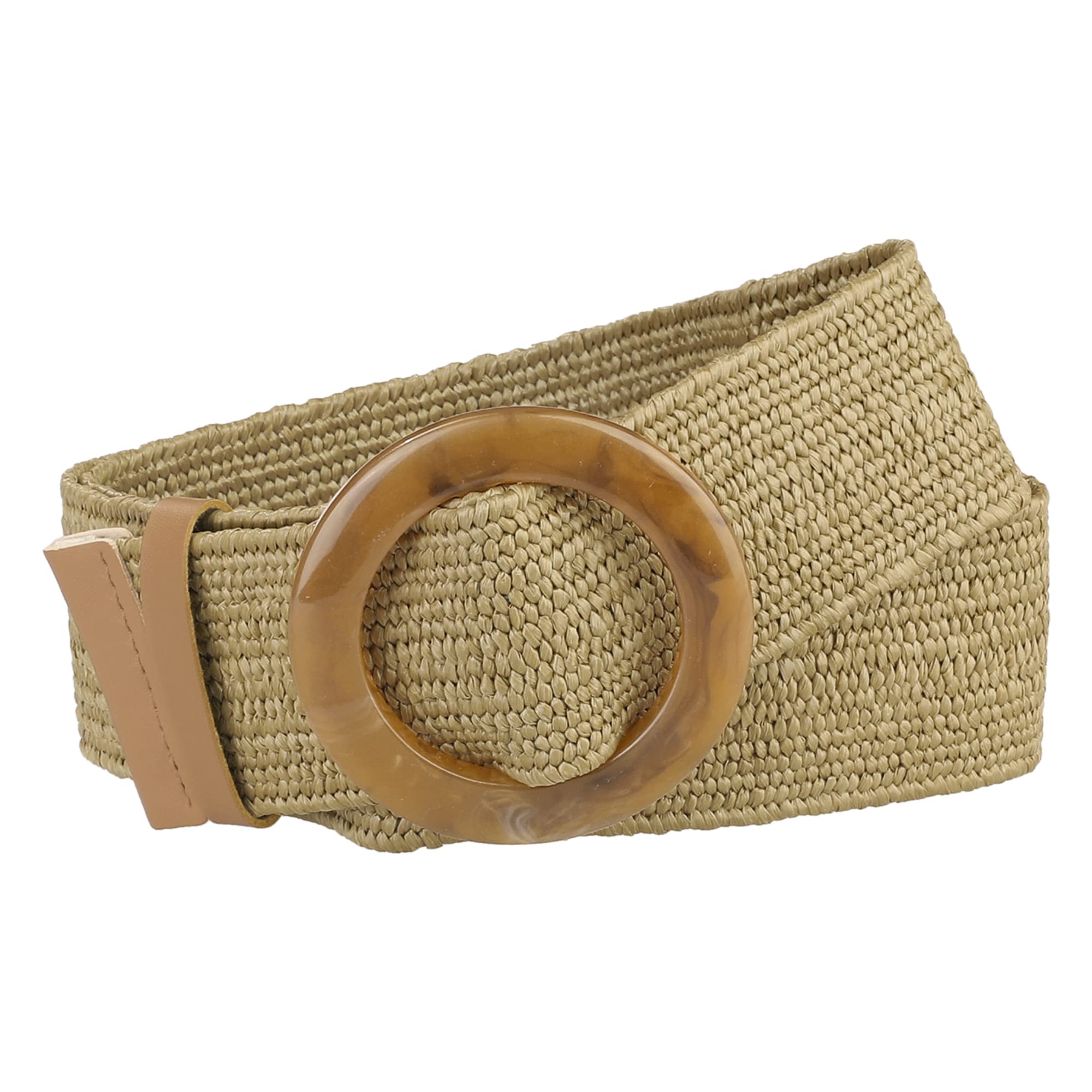 Elerevyo Womens Woven Wide Stretch Belts, Straw Rattan Round Buckle Elastic Belts Waistband for Dress Khaki 60-85cm/23.62-33.46"
