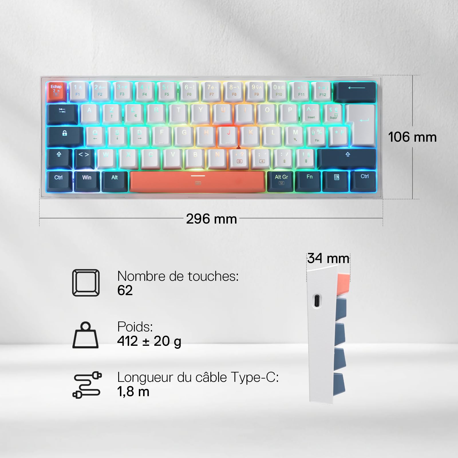Redragon K617 Clavier de Jeu RVB Filaire 60%, AZERTY Clavier mécanique Compact 61 Touches, commutateur Rouge linéaire, Prise en Charge des Pilotes Pro, FR Layout