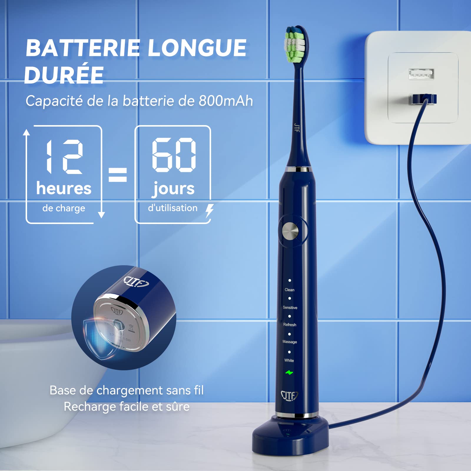 JTF Brosse À Dent Électrique Sonique Adultes avec 6 Têtes de Brosse et Étui de Voyage, Chargeur Rapide sans Fil et Longue Durée, 5 Modes et Minuteur Intelligent, Brosse À Dent Voyage, P200 Bleu