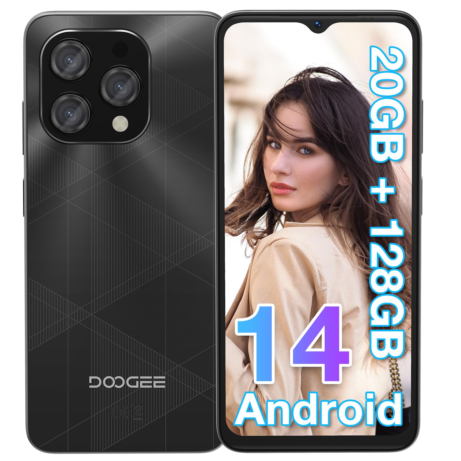 DOOGEE N55 Plus Smartphone, 20GB RAM+128GB ROM, Android 14, 6,56" HD+ 90Hz Telefono, Octa Core, 13MP+8MP Cellulare, 4G Dual SIM, Face ID, 5150mAh, OTG, GPS Smartphone - Nero