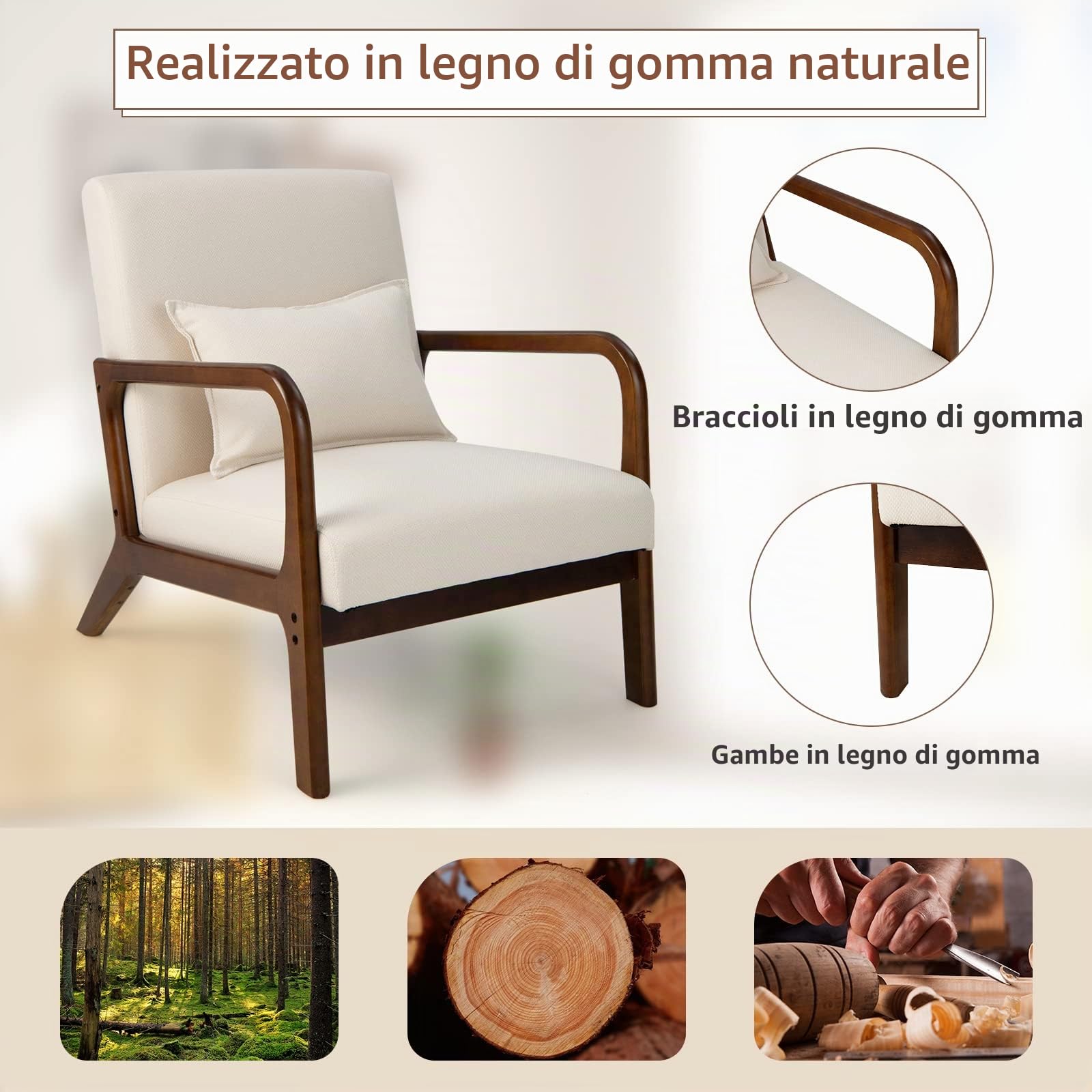FANTASK Poltrona moderna divano singolo in legno con braccioli, poltrona lounge imbottita per soggiorno, camera da letto, 65 x 79 x 77 cm, beige