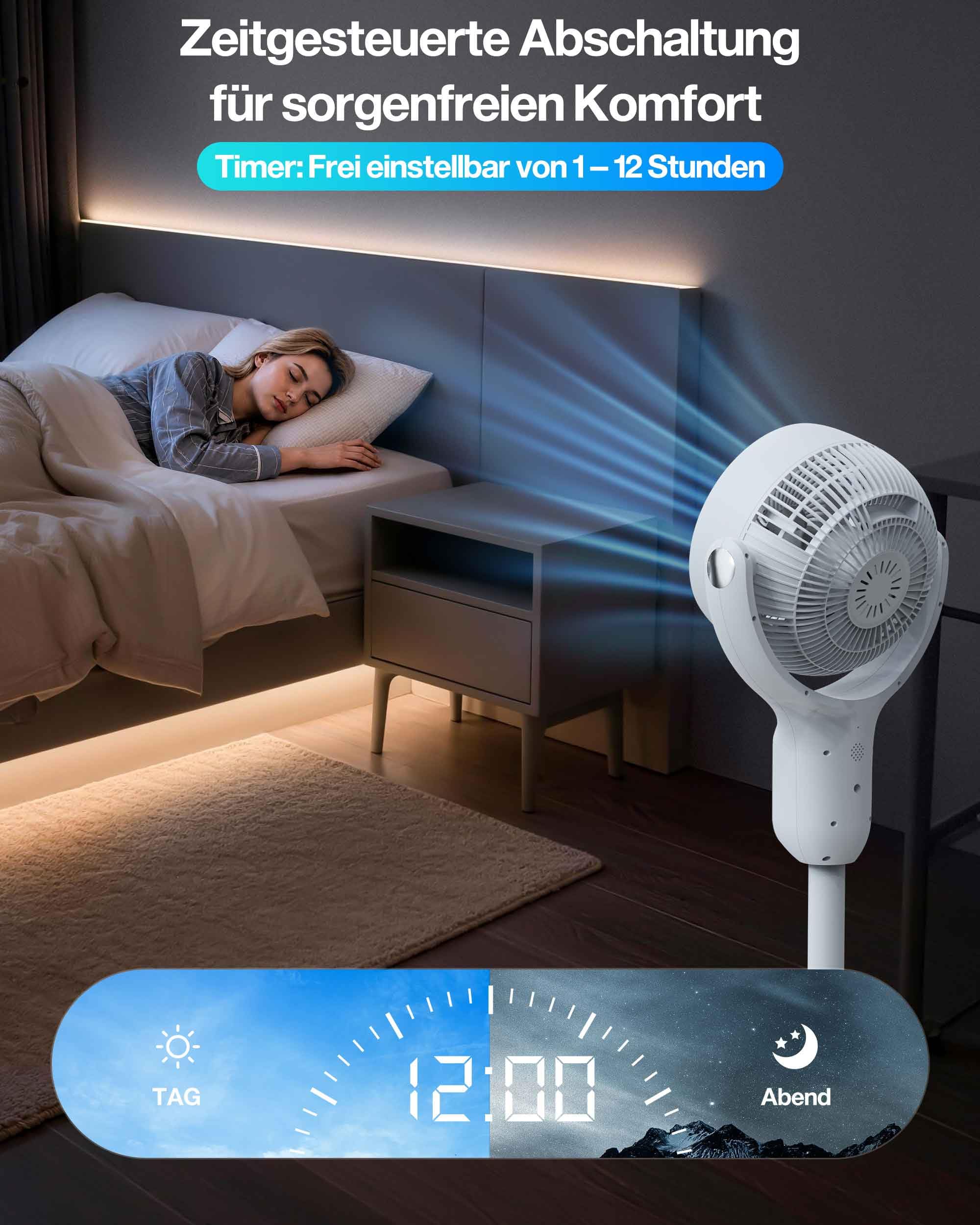 Luftzirkulator Standventilator, 70° horizontal und 90° vertikal oszillierend, max. 6,6 m/s, 6 Windstufen, 3 Modi, 12h Timer, Fernbedienung inkl. Knopfzelle, 2,2 m Netzkabel, Weiß