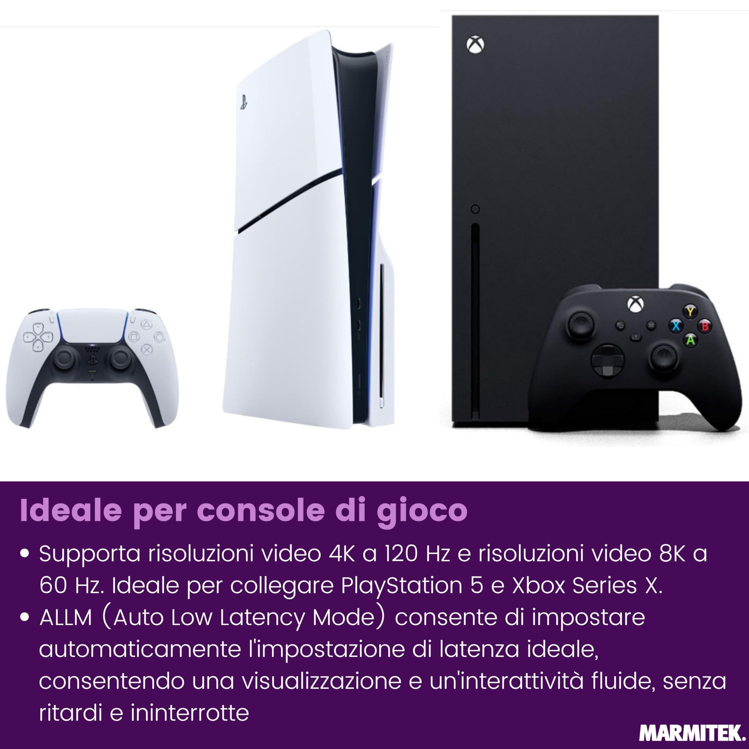 Switch HDMI 8K60 Marmitek AS28-4K120 gaming fluido - HDMI 2.1 2 ingressi 1 uscita - 48 Gbit/s VRR ALLM QMS QFT - commutazione automatica - selettore HDMI