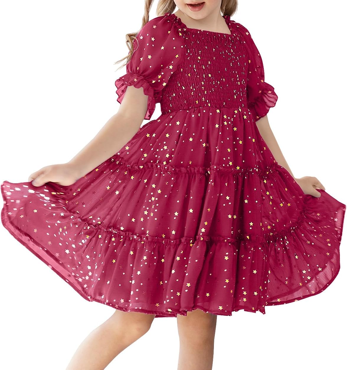 Girls Dresses Kids Stars Midi Dress Mid Night Toddler Short Sleeve Casual Fashion Clothes Flowy Outfits 5-6 Years B-burgundy