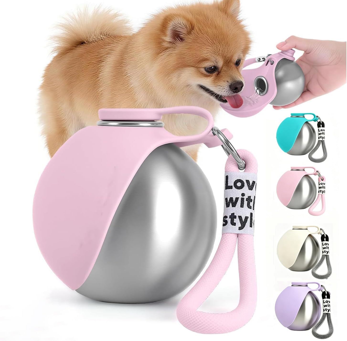 Dog Water Bottles For Walking Portable (285 ml) – Stainless Steel Bottle for Dogs & Cats – Leak-Proof Water Dispenser with Foldable Silicone Bowl – Ideal for Hiking & Travel (Pink)