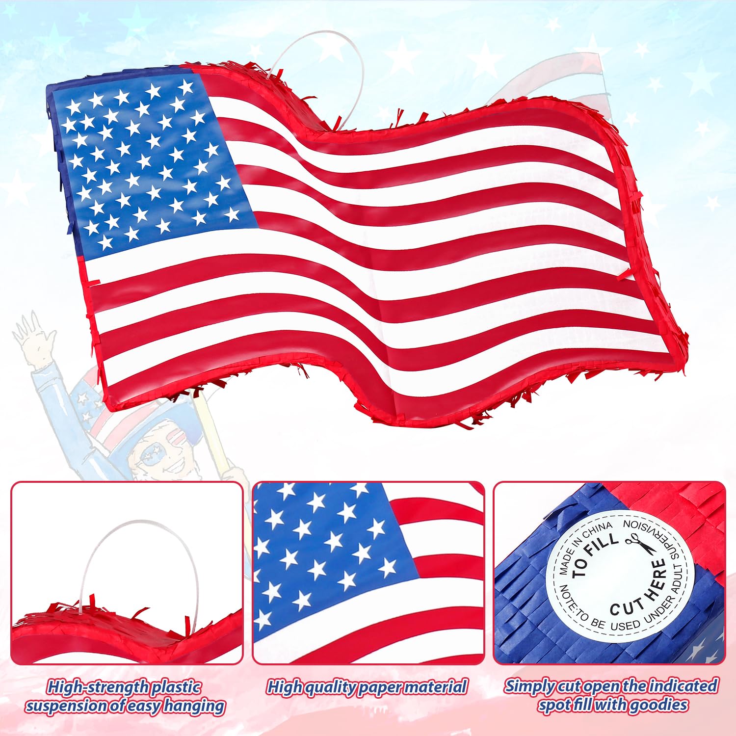 Quera Piñata con diseño de bandera patriótica americana para el Día de los Caídos, Día de la Independencia, suministros de fiesta del 4 de julio, decoraciones al aire libre, color rojo, blanco y azul,