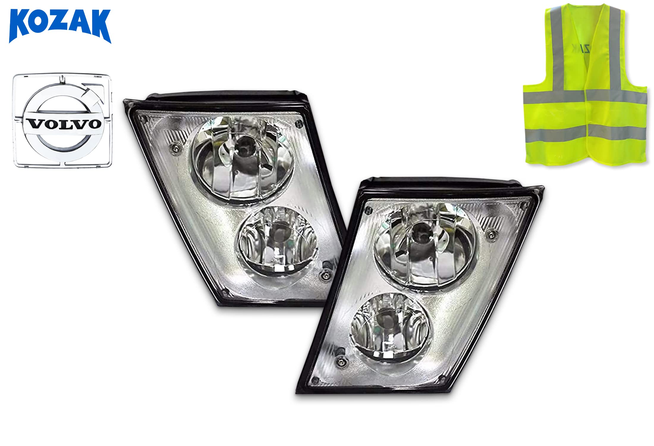 KOZAK compatible with Volvo VNL 2004-2017 Chrome Housing Semi Truck Bumper FOG LIGHT Pair SET Left Driver Side and Right Passenger Side for VNM VN VNL PLUS Logo Emblem and Kozak Vest