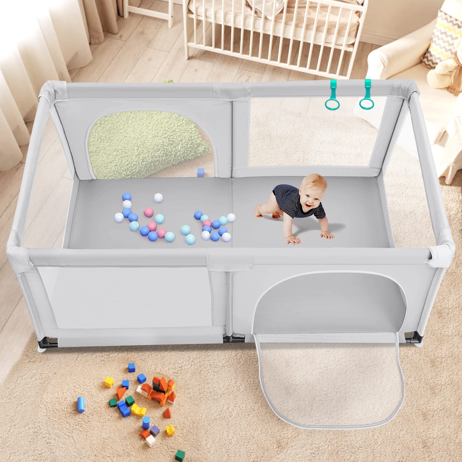 LIFEZEAL Box Bambini, 120 x 190 cm, Recinto per Bambini, in Tessuto Oxford Traspirante, Box Neonato, con Ventose Antiscivole, 2 Porte e 50 Palline, Recinto per Bimbi da 10 Mesi a 6 Anni, grigio