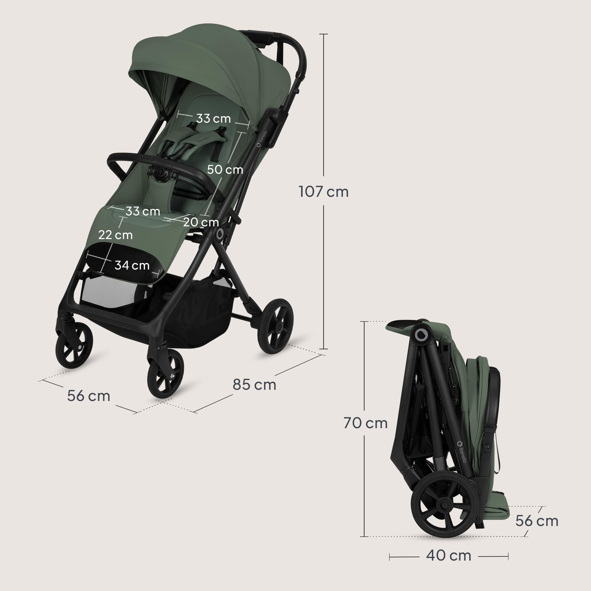 Lionelo Tansi Poussette Canne Compacte Légère jusqu’à 22 kg Pliage une Main Rapide, Suspension et Roues GravelTech, Dossier 3 Positions, Grand Panier 3 kg, Capote Pare-Soleil UPF50+ (Vert)