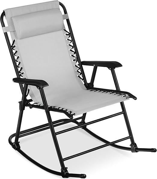 Best Choice Products Outdoor Folding Rocking Chair, Zero Gravity Lounge Chair, Patio Rocker w/Headrest Pillow - Ice Gray