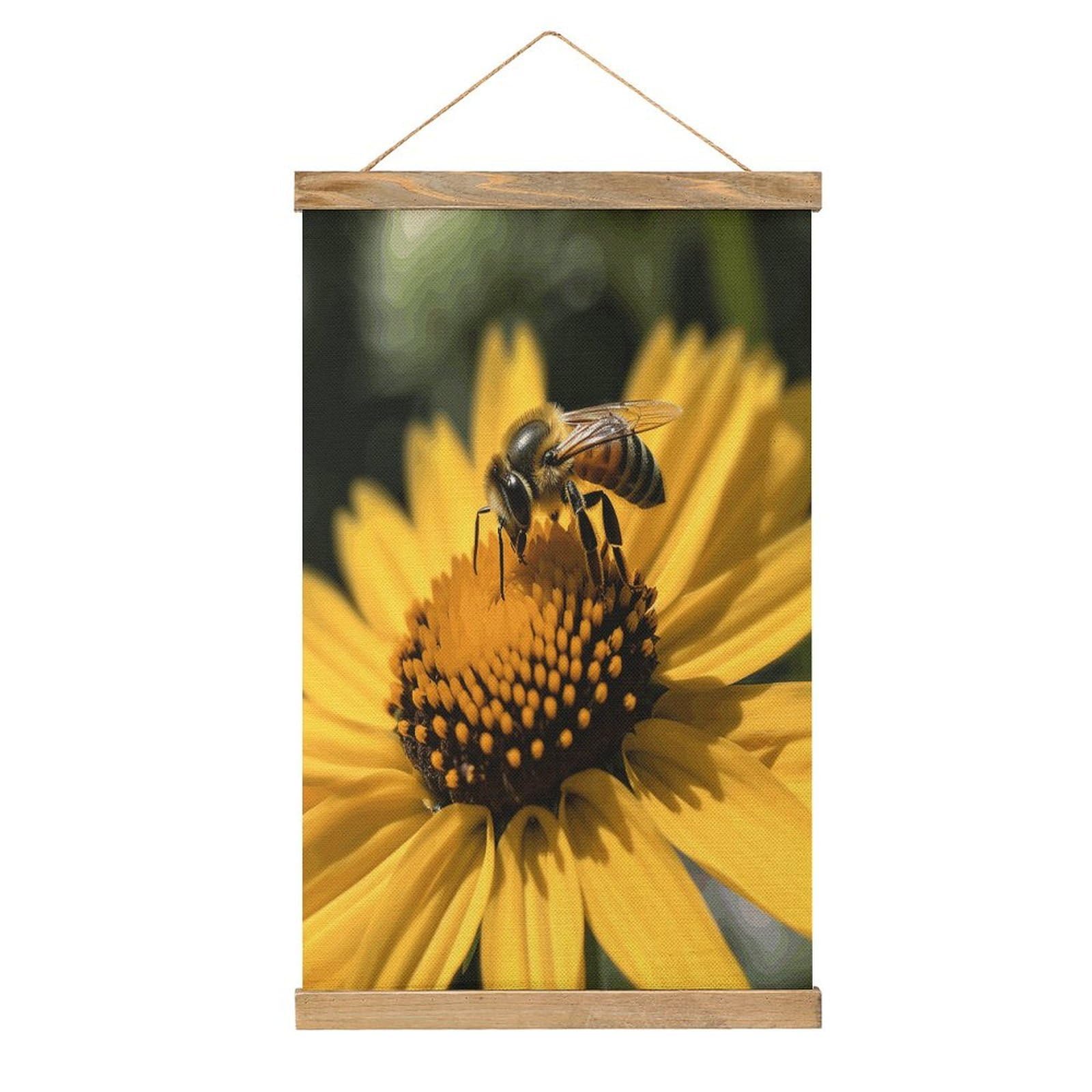 FekiLoot Yellow Flower with Black Bee Wall Art Poster Hanger Frame Linen Wall Art Decor Vintage Hanging Poster Hanging Wall Decor Rustic Retro Wall Art Print for Living Room Decor 20.4 X 13.1Inches