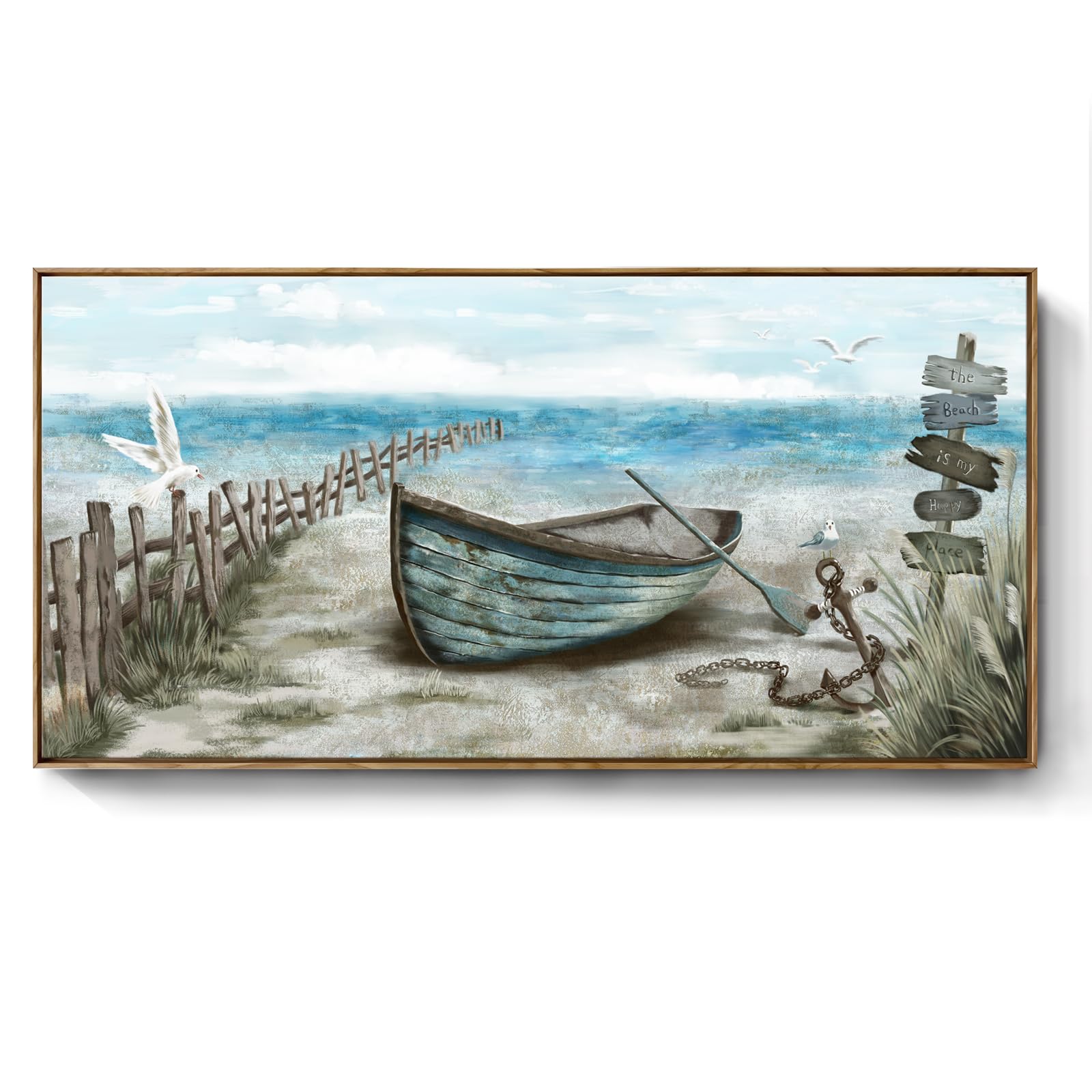 Large Framed Wall Art for Living Room Coastal Canvas Picture Seagull Vintage Boat Artwork Ocean Sea Bird Canvas Print Nautical Rowboat Blue Teal Rustic Beach Themed Farmhouse Bedroom Office Décor